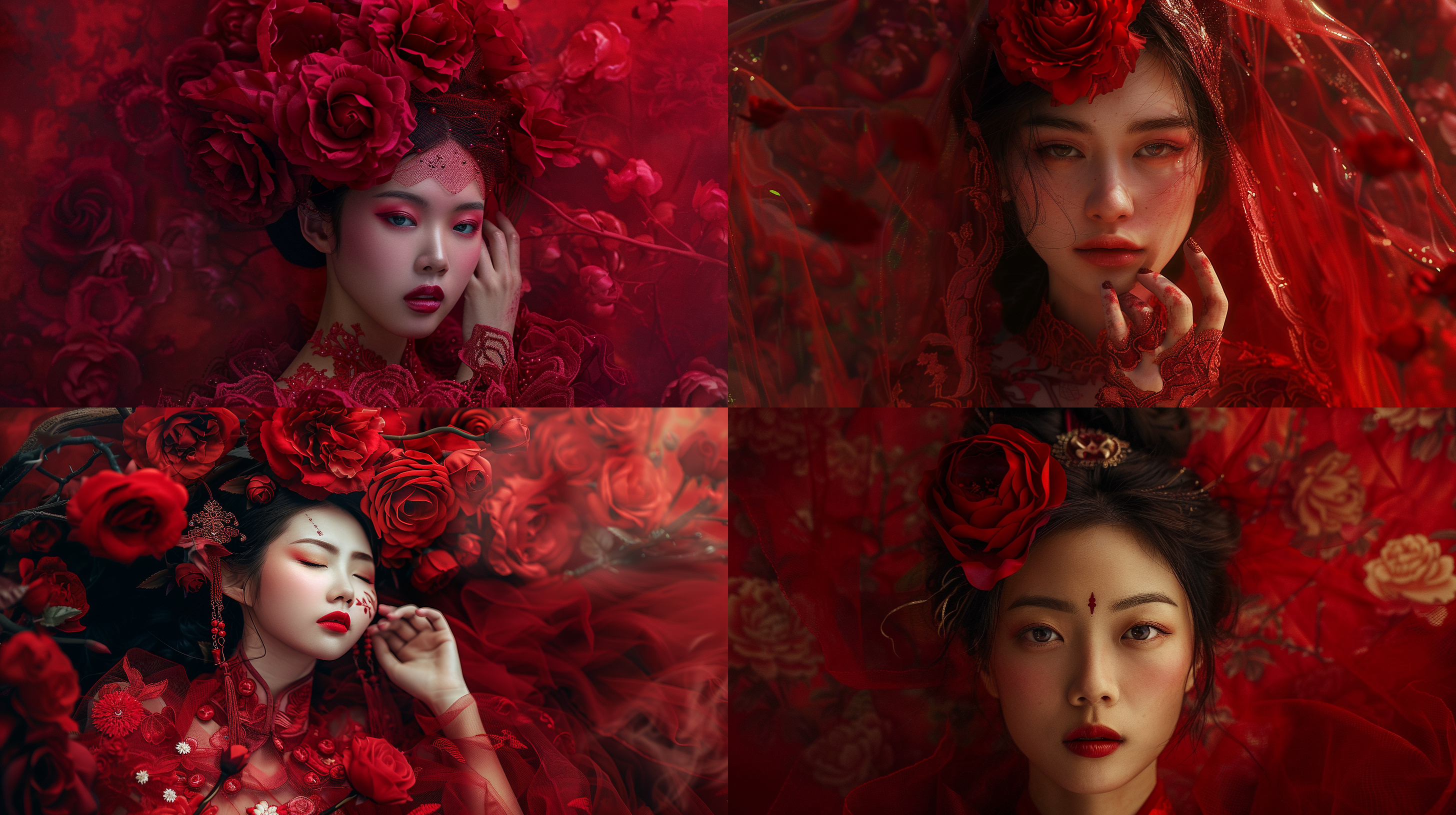 汉服女子，头戴深红色月季，手持手举牌，唯美，自然光，丁达尔现象，深红色背景，中远景