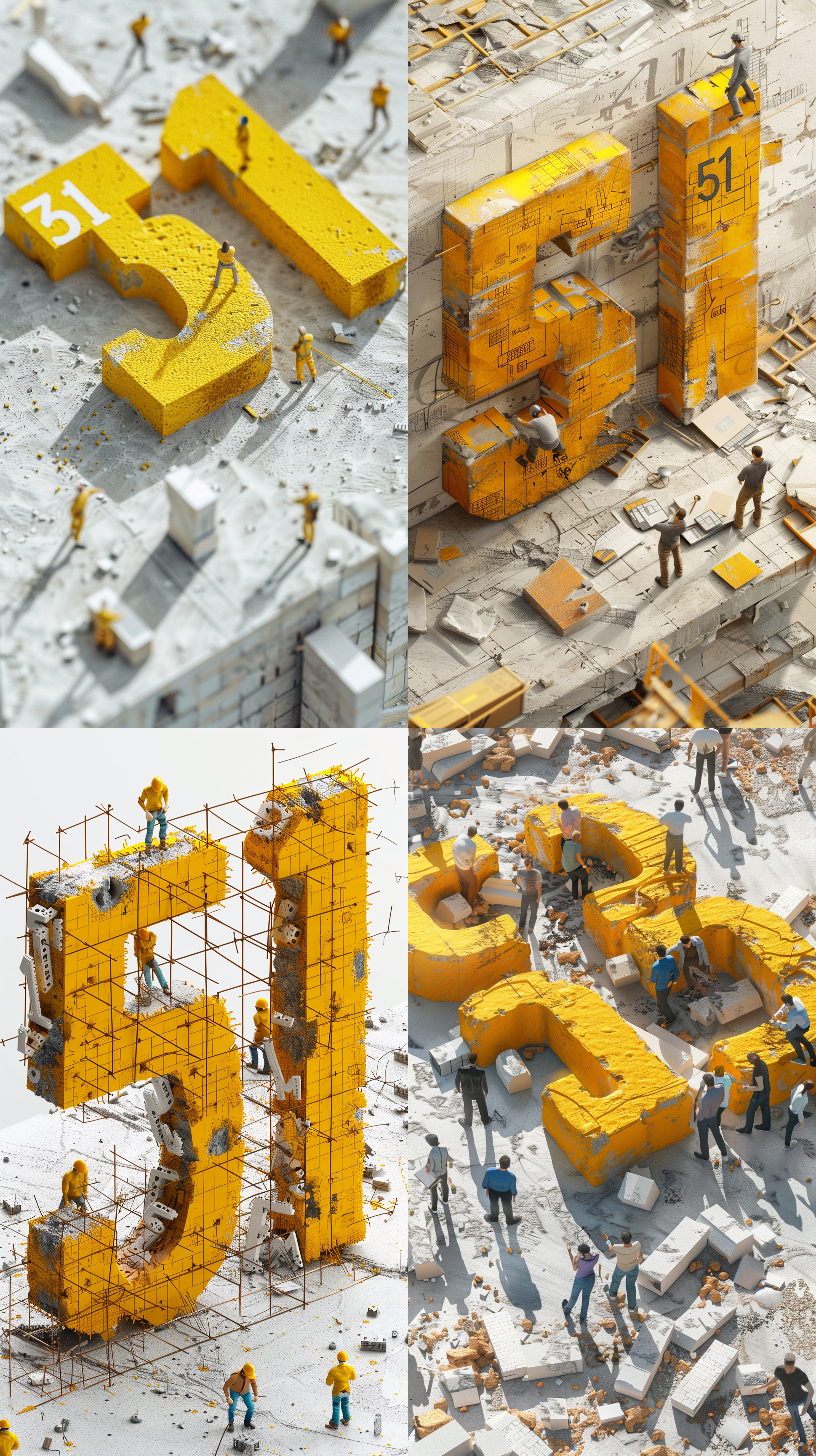 the main body of the picture is a huge three-dimensional 3d yellow number "51" the ground is composed of white architectural drawing some people are directing the construction, there are some scattered bricks on the ground,4k