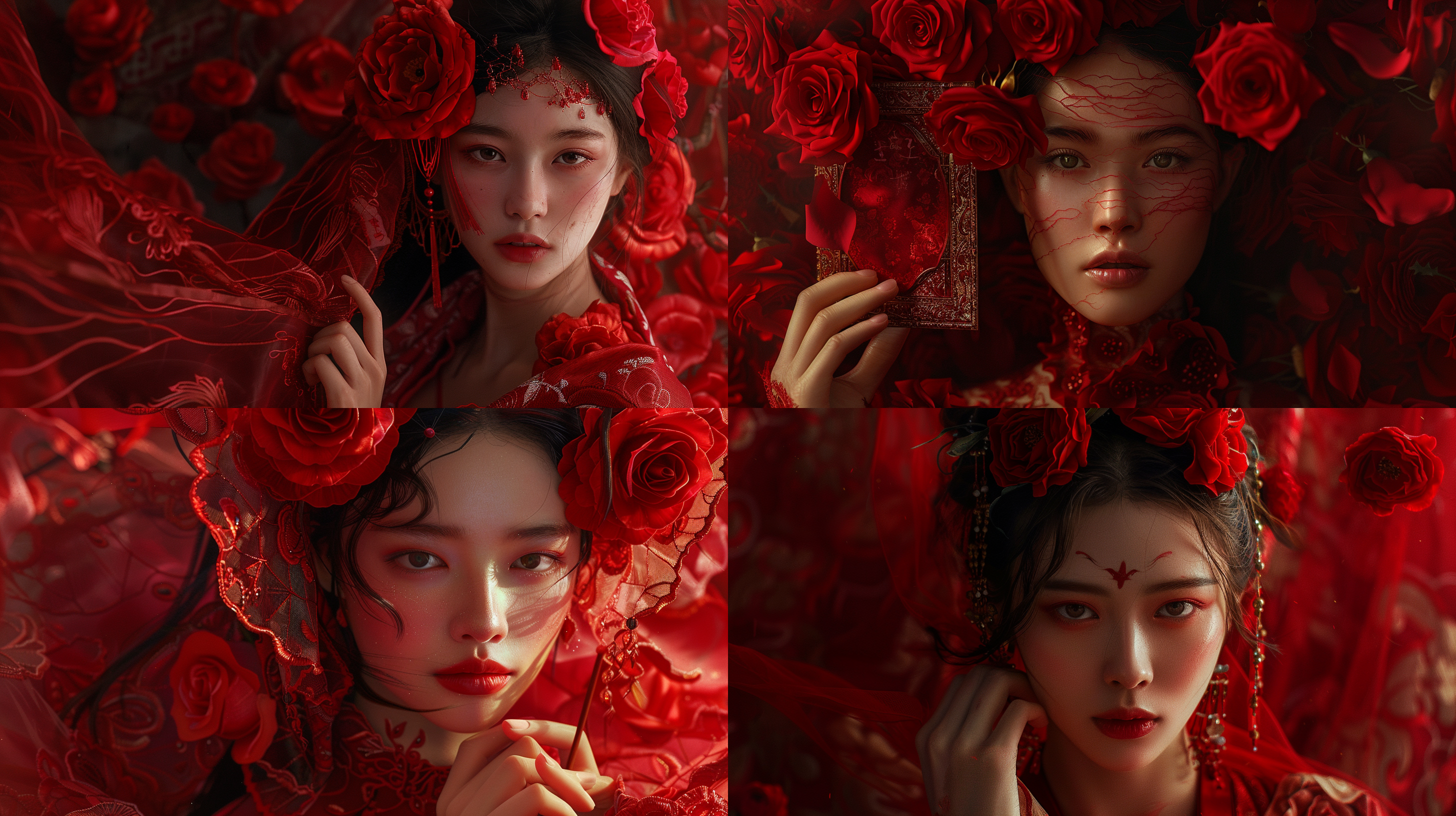 汉服女子，头戴深红色月季，手持手举牌，唯美，自然光，丁达尔现象，深红色背景，中远景