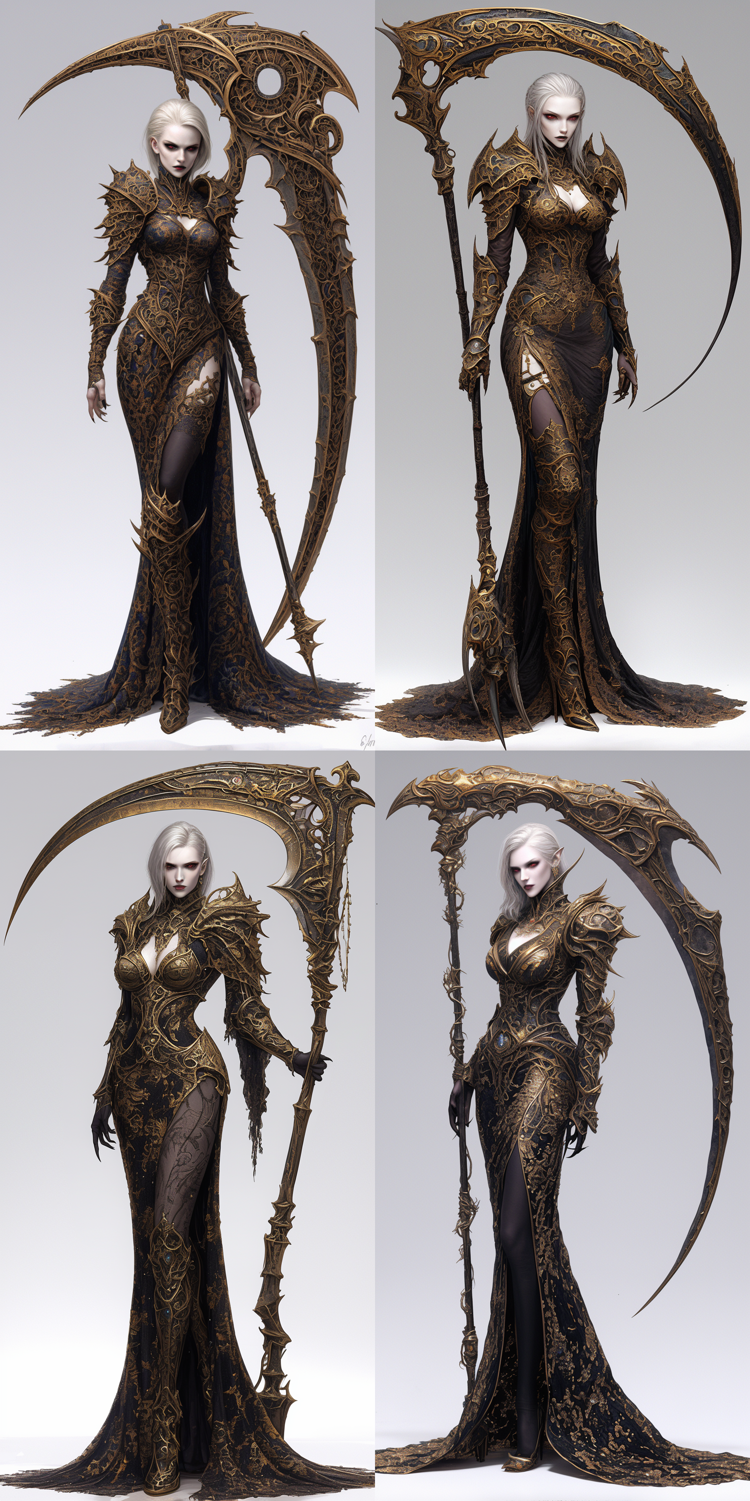 vampire，women，红色眼睛，白色头发，苍白的皮肤，镰刀，盔甲，晚礼服，黑色丝袜，高跟鞋，哥特城堡内，奇幻，真实比例，阴暗的色调，邪恶的气质，6k 虚幻引擎 三维 oc渲染器