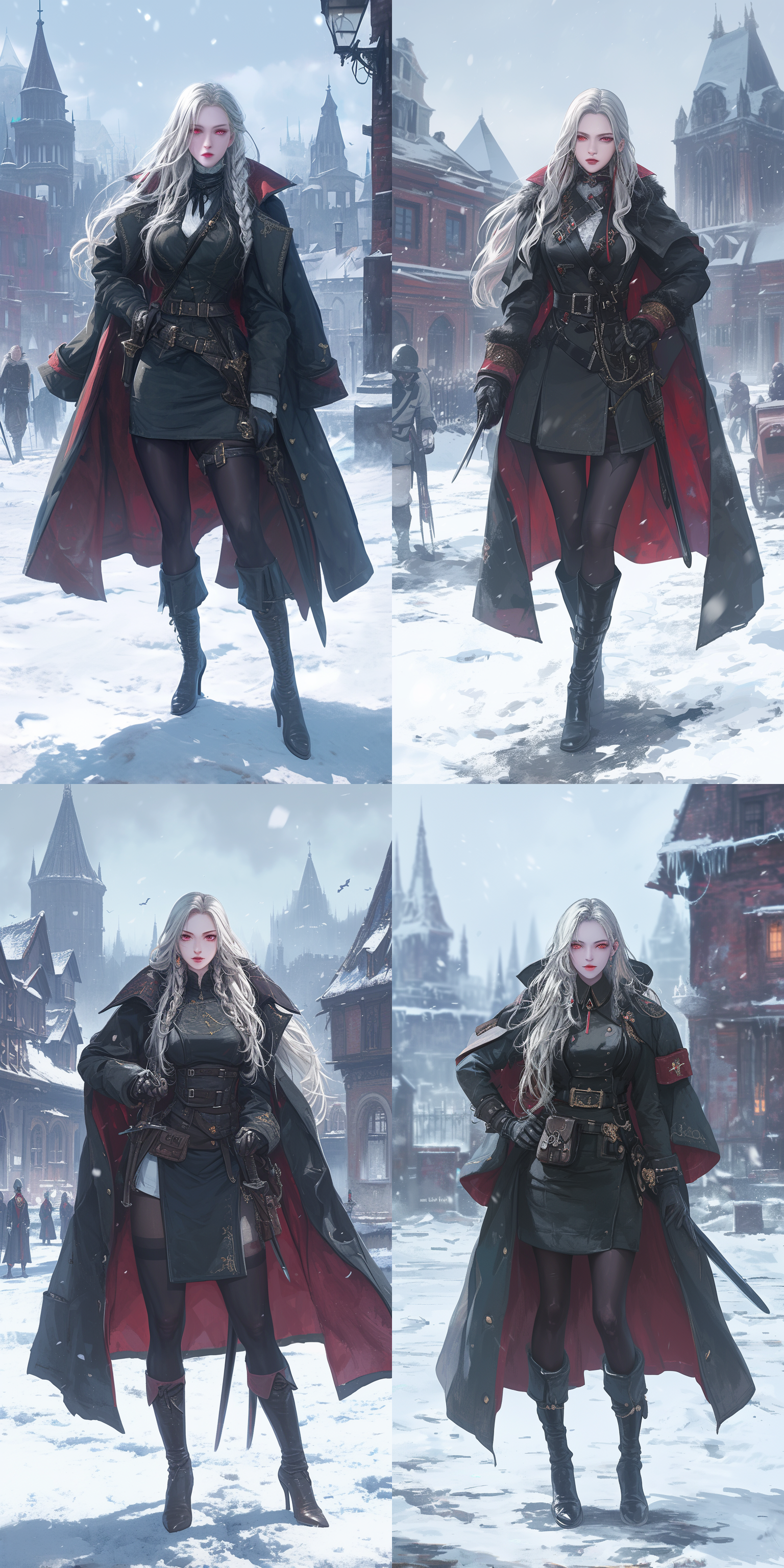 vampire，women，红色眼睛，白色头发，苍白的皮肤，细剑，盔甲，裙子，黑色丝袜，高跟鞋，哥特城堡背景，奇幻，真实比例，6k 虚幻引擎 三维 oc渲染器