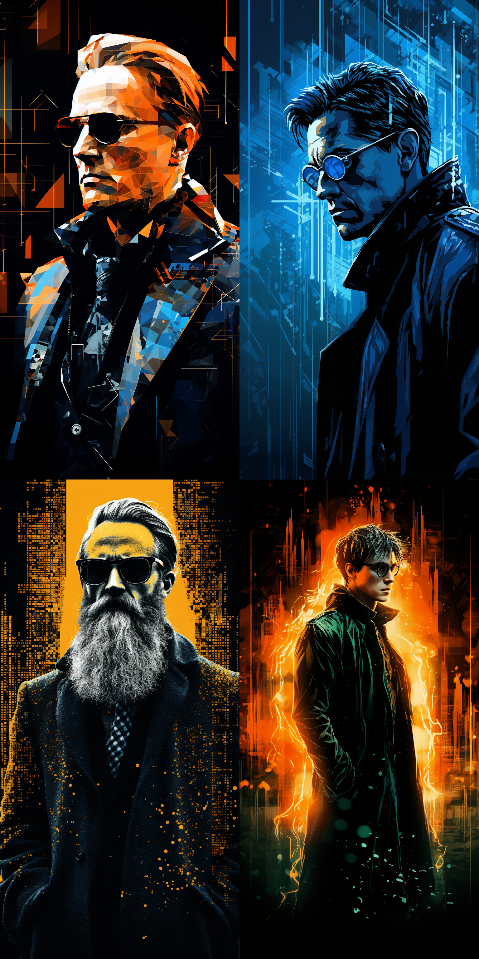 黑客站在数码矩阵中, 抽象背景, 插画风格, 高对比度, 创新灵感, 高清晰度, 科技感, 墨镜, 黑色长衫, 冷色调, 数字化元素, 神秘, 强大。 全身 电发光线