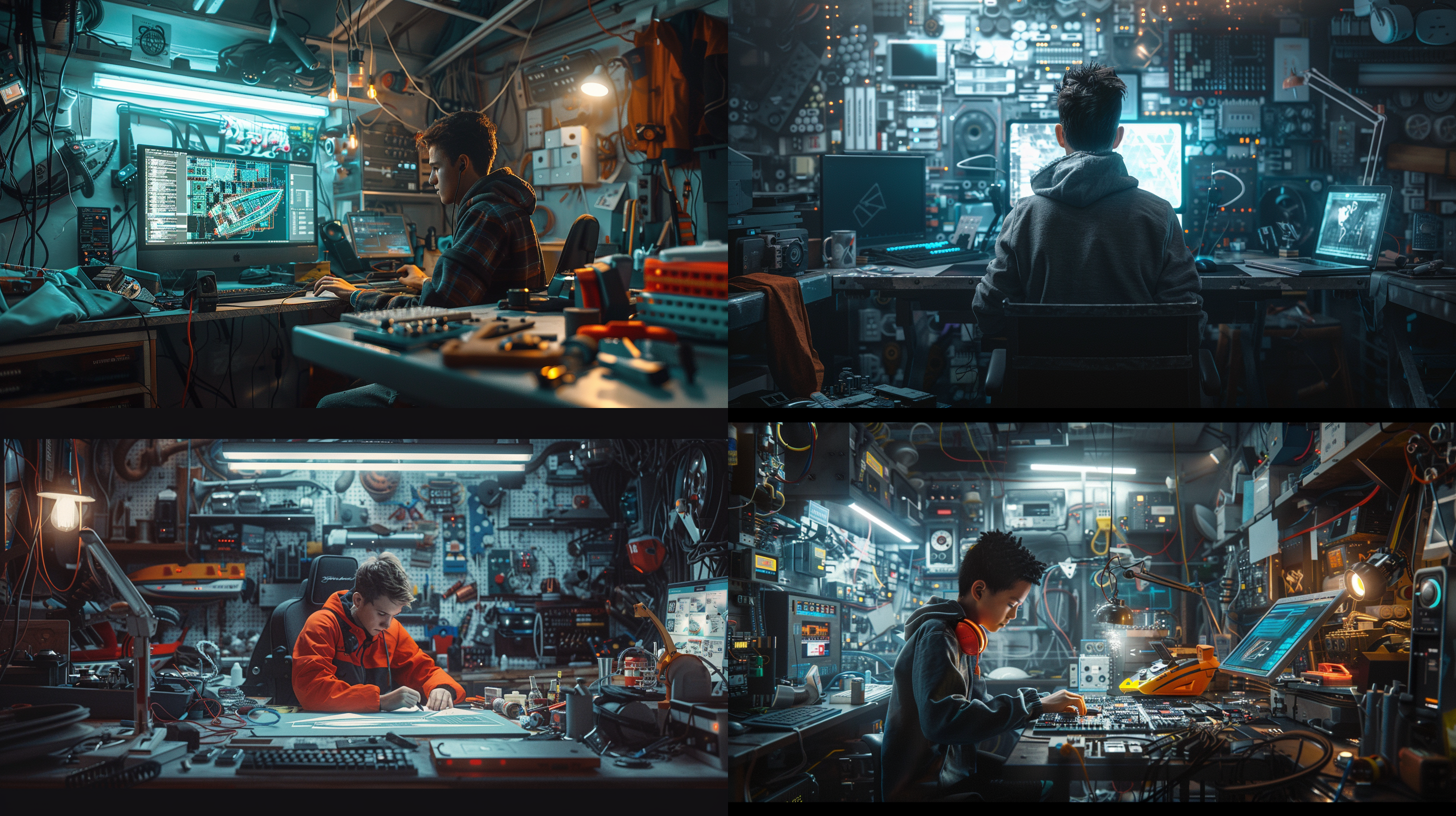 a young tech enthusiast is focused on designing his speedboat on a computer screen in a futuristic workshop filled with circuit boards and high-tech tools. cyberpunk style, centered composition with the youth, surrounded by scattered tools, cold fluorescent lighting, medium shot, 16:9 aspect ratio