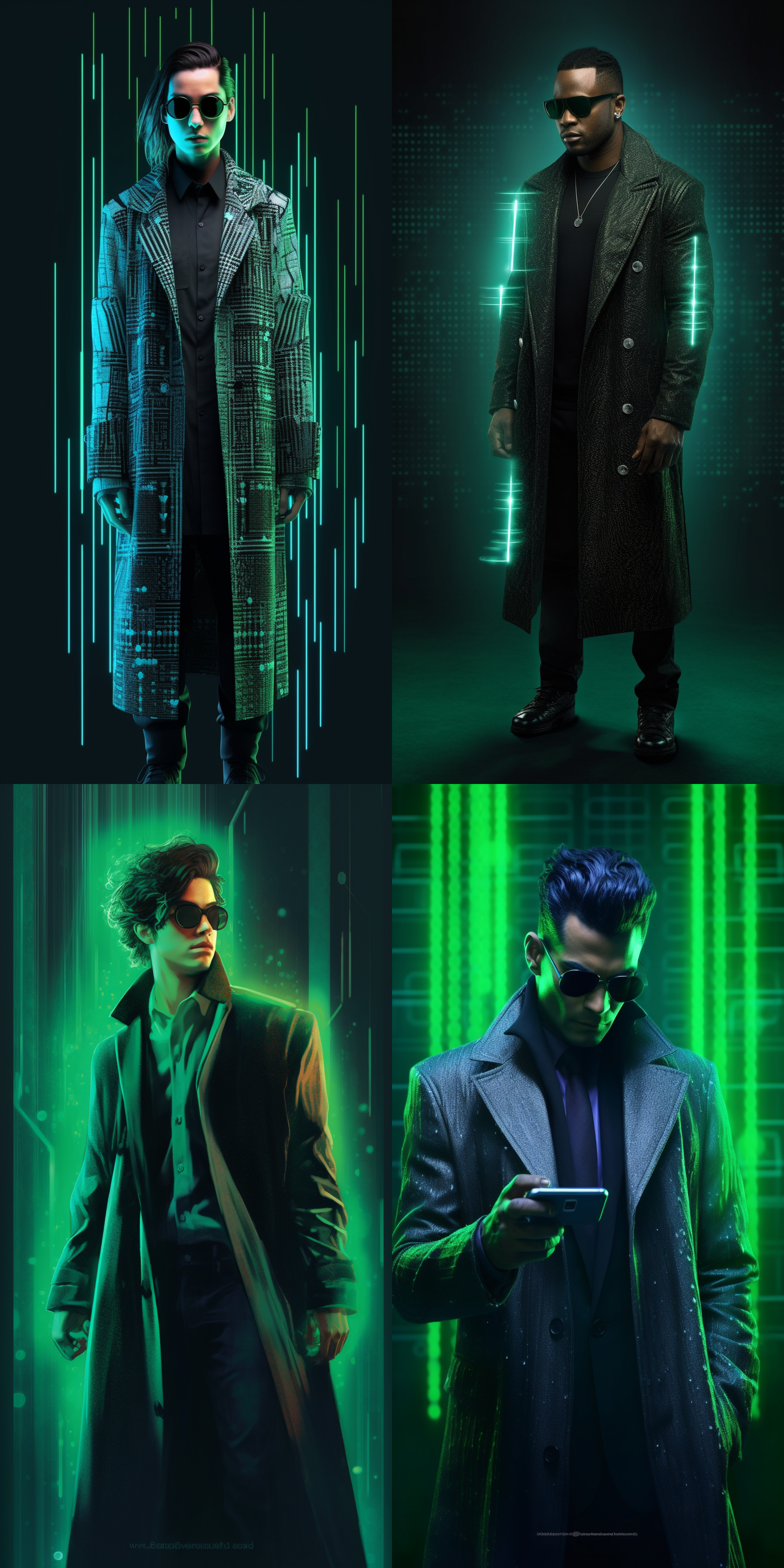 黑客站在数码矩阵中, 绿色代码环绕, 插画风格, 创新灵感, 高清晰度, 科技感, 全身镜头, 墨镜, 黑色长衫, 刺激, 冷色调, 数字化。 全身 电发光线
