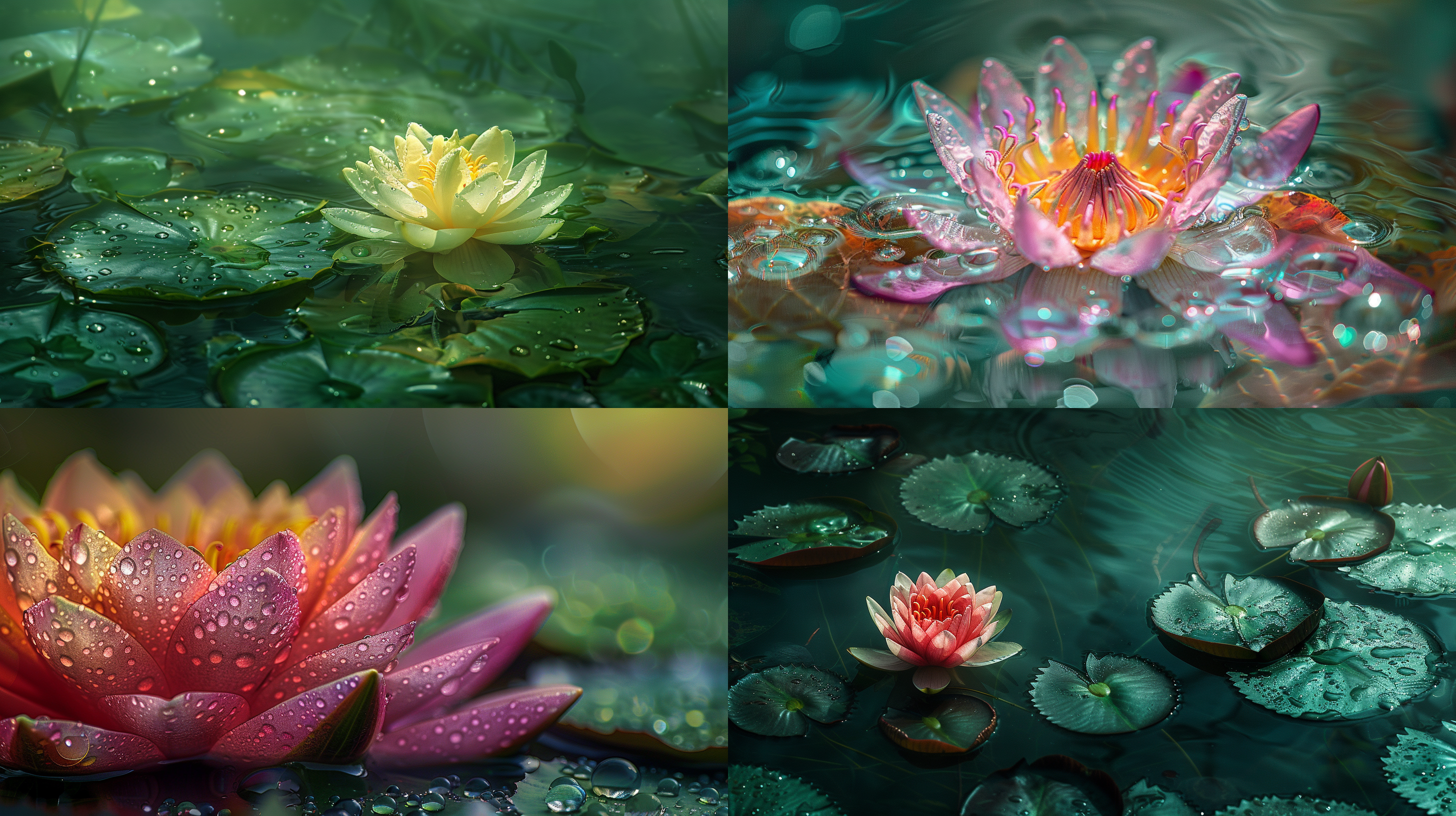 睡莲特写，绿水背景，微距摄影，自然光，清晰细节，柔和色调，植物纹理，极致细腻，宁静祥和。