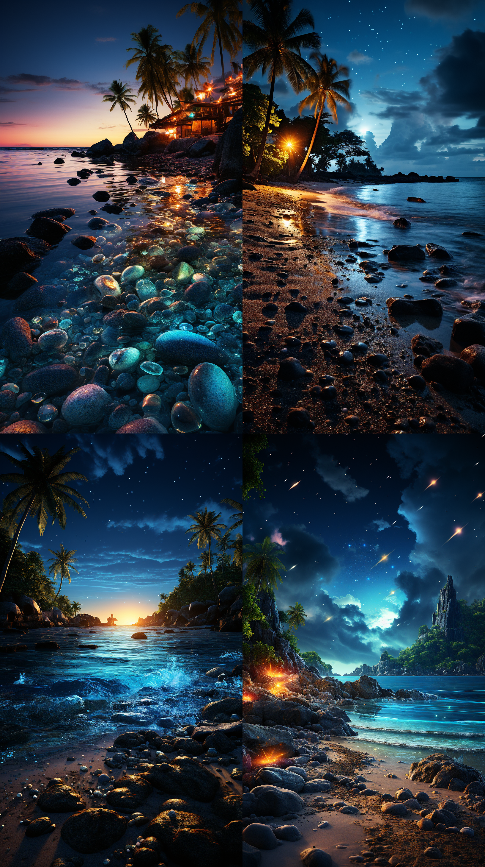 at night, the milky way, starlight, the silver crescent moon with the galactic starlight sprinkled on the beach, there are many luminous creatures on the beach, the shape of the beach is love, pebbles, shells, sauer, coconut, trees, luminous creatures, fluorescent, gold, green, pink, blue, dream, super wide angle light, unreal engine4k..hd