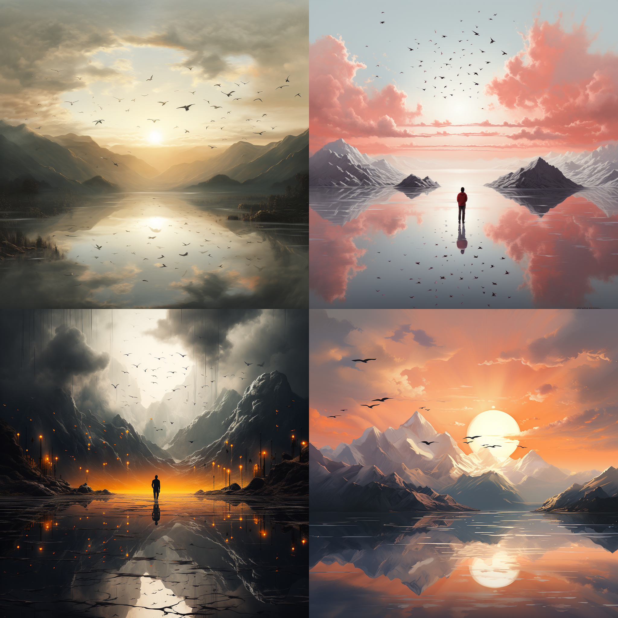 白天 很亮 有阳光 有山:4 有水:3 有云雾 有鸟 天空 山脉 摄影纪实 动画艺术 极简主义 超现实主义