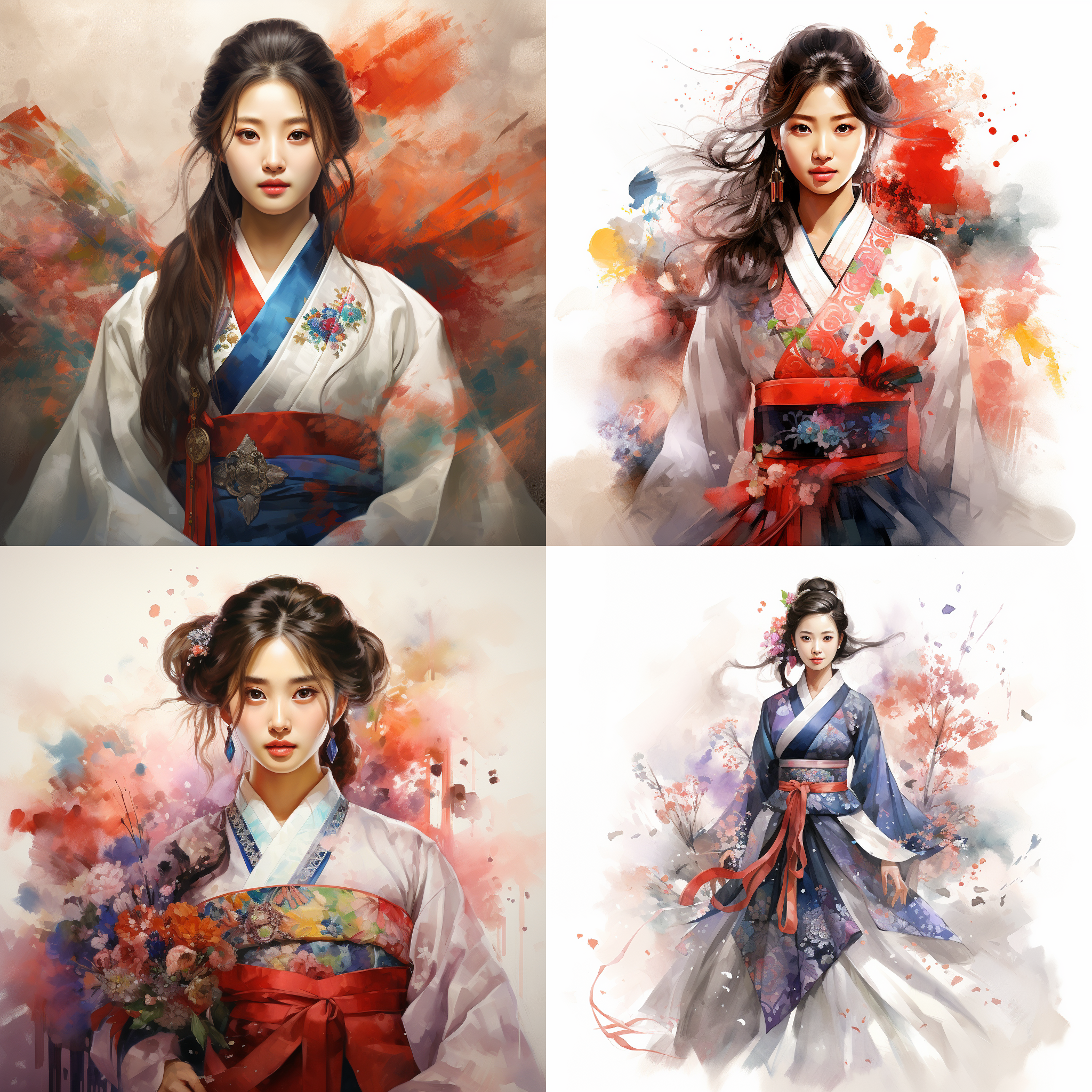 韩国传统服饰,国潮风,精致细节,漫画水彩,惊艳,色彩丰富,高清4k,舞动,对称构图,柔和光线,浮雕质感,渲染笔触,活力十足,迷人神采。