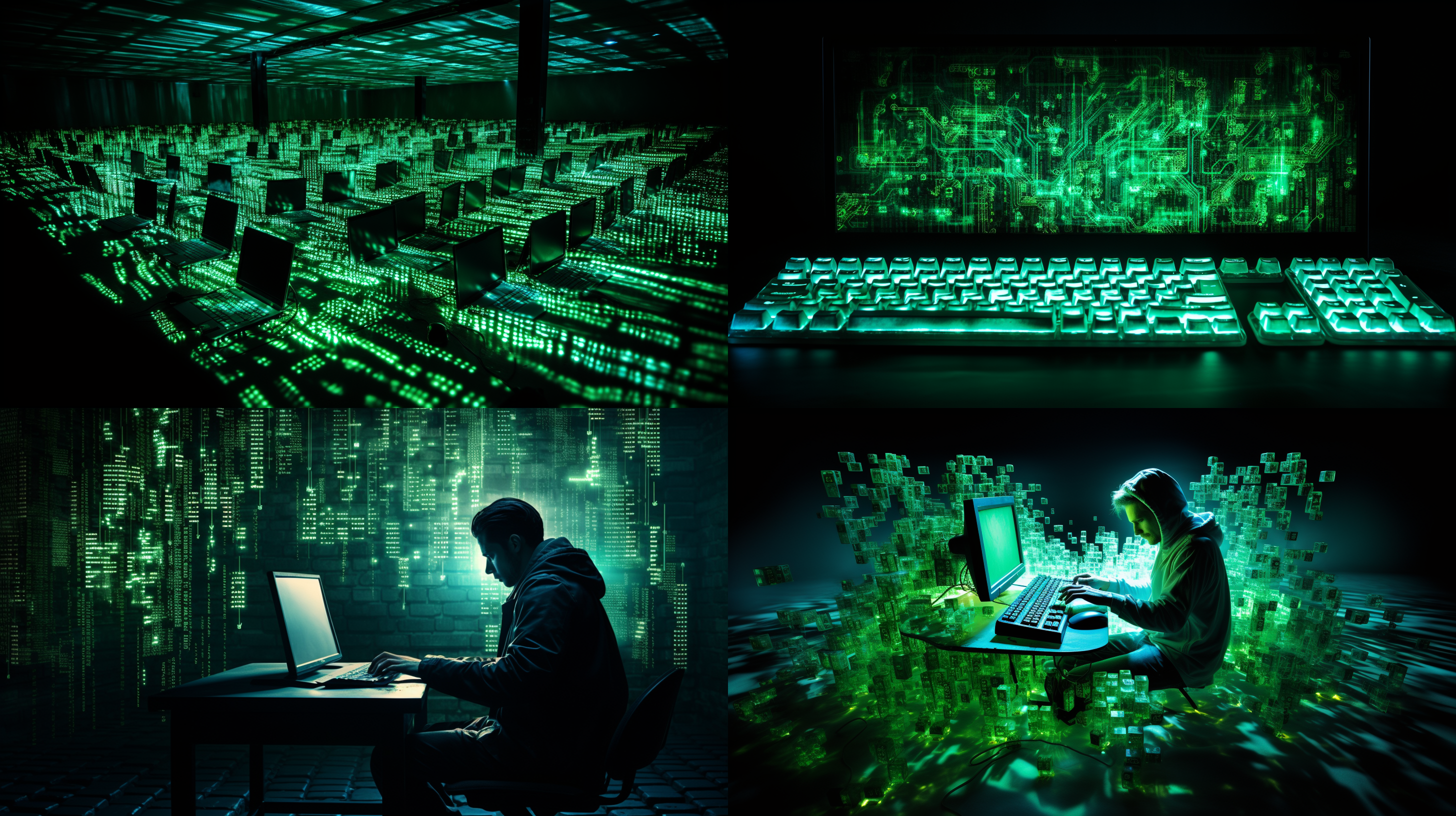 黑客站在数码矩阵中，对角线构图，绿色代码环绕，暗色调，长焦镜头，逆光，键盘敲击，神秘。 全身 电发光线
