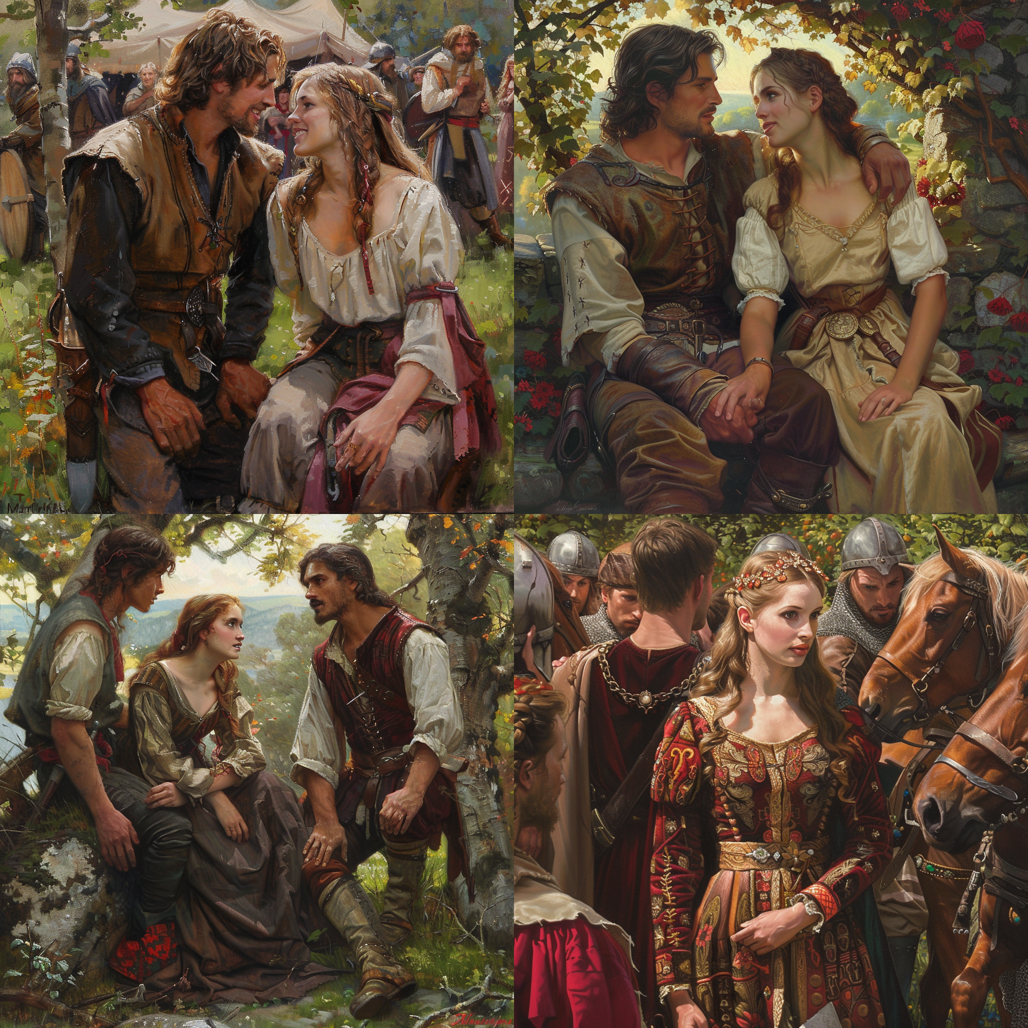 请根据歌曲“scarborough fair”的内容和含义，画几副唯美的故事画面，色彩明亮丰富，体现中世纪的英格兰地区维京人划船到集市的风情，人物面貌细致真实，温馨浪漫忧伤，人物表情细节真实，美学画面使人感动情绪，秋天的英格兰背景，奥地利画家emil barbarini油画风格，电影光影，广角构图，8k