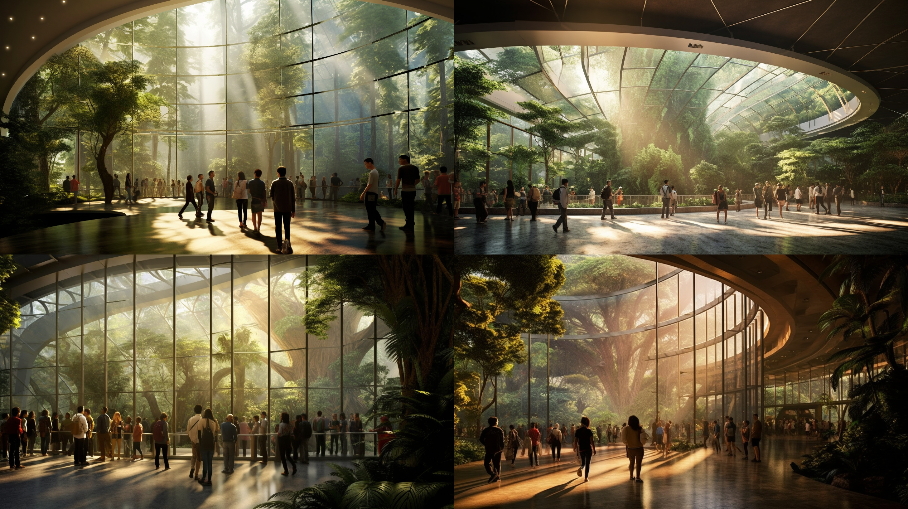 ticket center, entrance, glass curved wall guidance, rainforest style, morning light, natural tones, ultra-wide-angle lens, ambient light, tourists queuing up, full of expectations.