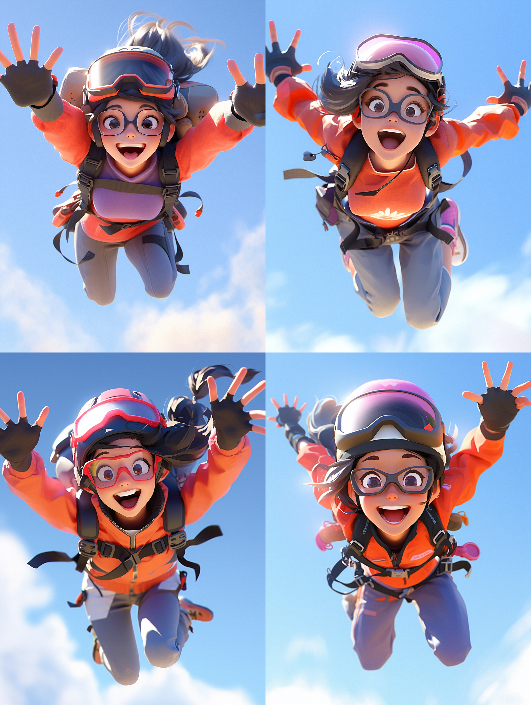 cute skydiving lady showing delighted surprisedexpression, pop ip, blue sky, white clouds, pixarstyle, top view angle, clean backgroundrich detailsultra high definition, dribbling, pinterest, ray tracingisometric view , blender, c4d, oc renderer, highquality, 16k
