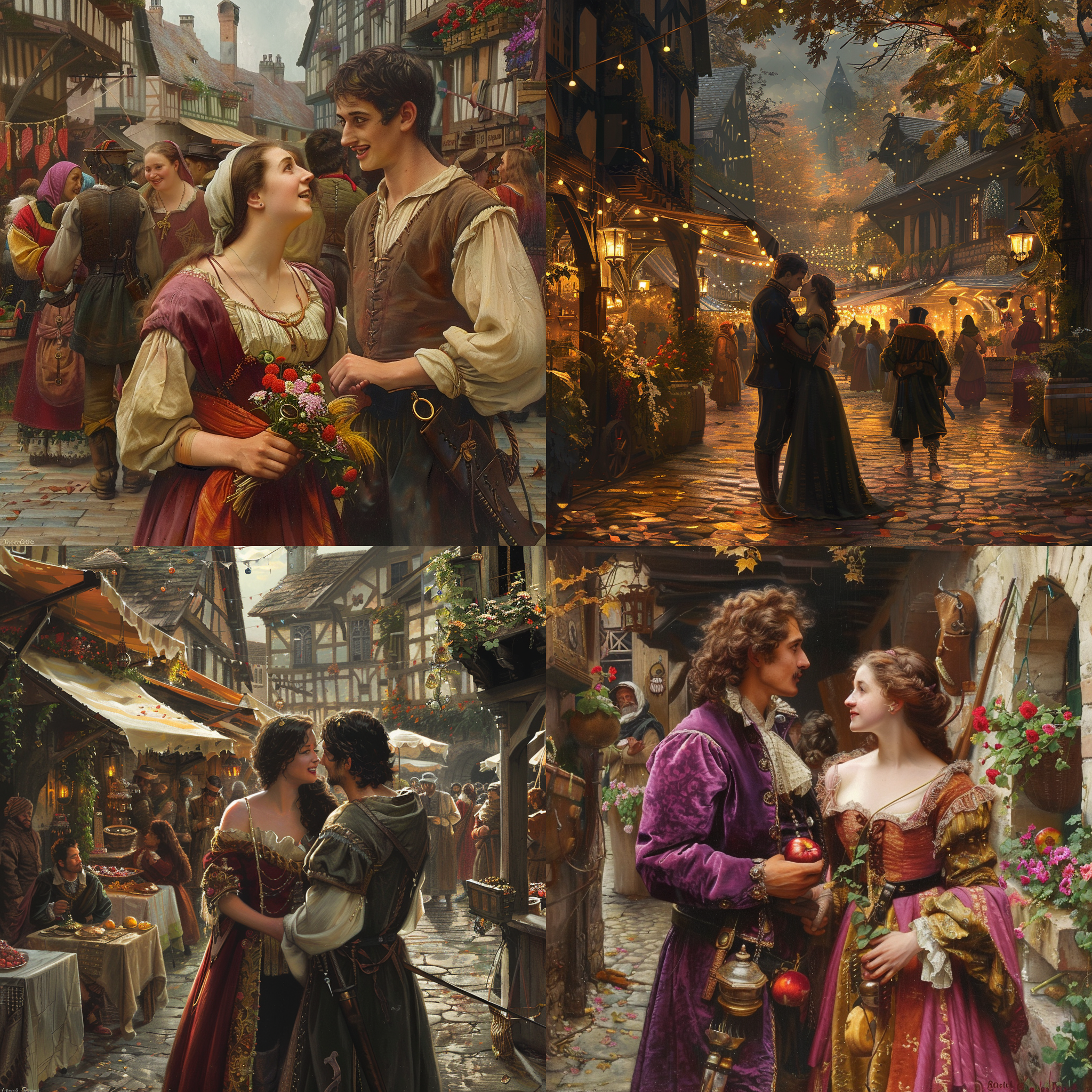 请根据歌曲“scarborough fair”的内容和含义，画几副唯美的故事画面，色彩明亮丰富，体现中世纪的英格兰地区集市风情和人物面貌，温馨浪漫忧伤，人物表情细节真实，美学画面使人感动情绪，秋天的英格兰背景，奥地利画家emil barbarini风格油画，光影自然略厚重，局部点彩画法，广角构图，8k