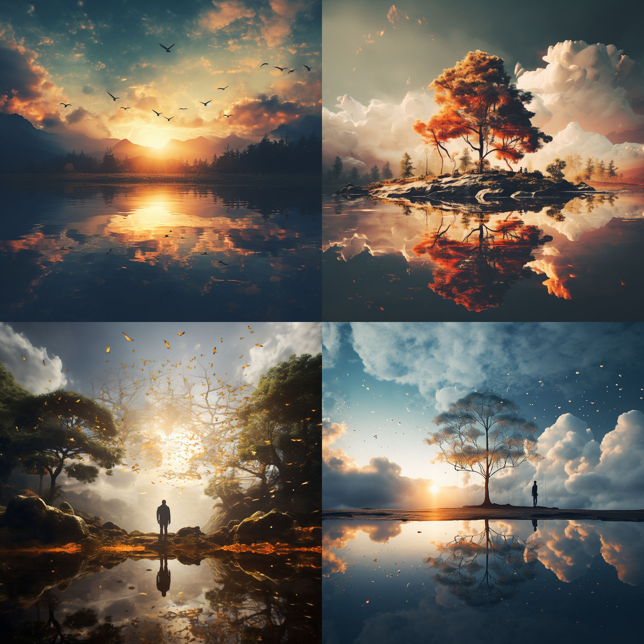 白天 很亮 有阳光 有山:4 有水:3 有云雾 有鸟 有小溪 有树 天空 梦境 山脉 花园背景 摄影纪实 动画艺术 极简主义 超现实主义