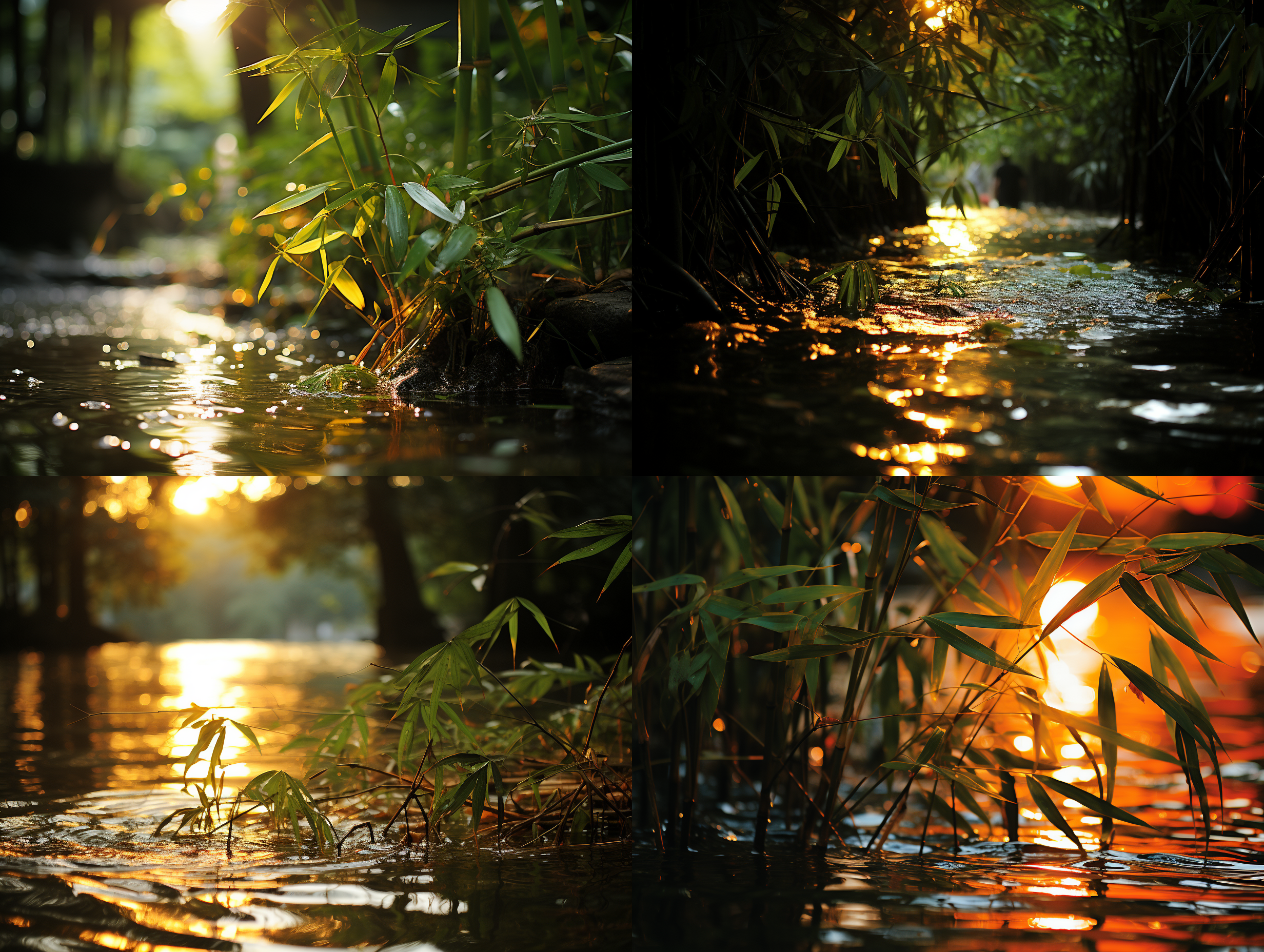 竹林边小河，日暮时分，和煦光线穿过竹叶，投射在水面，温柔如画。明亮对比度，迷人色调，广角镜头，静态镜头，微风拂动竹叶，平静，宁静。