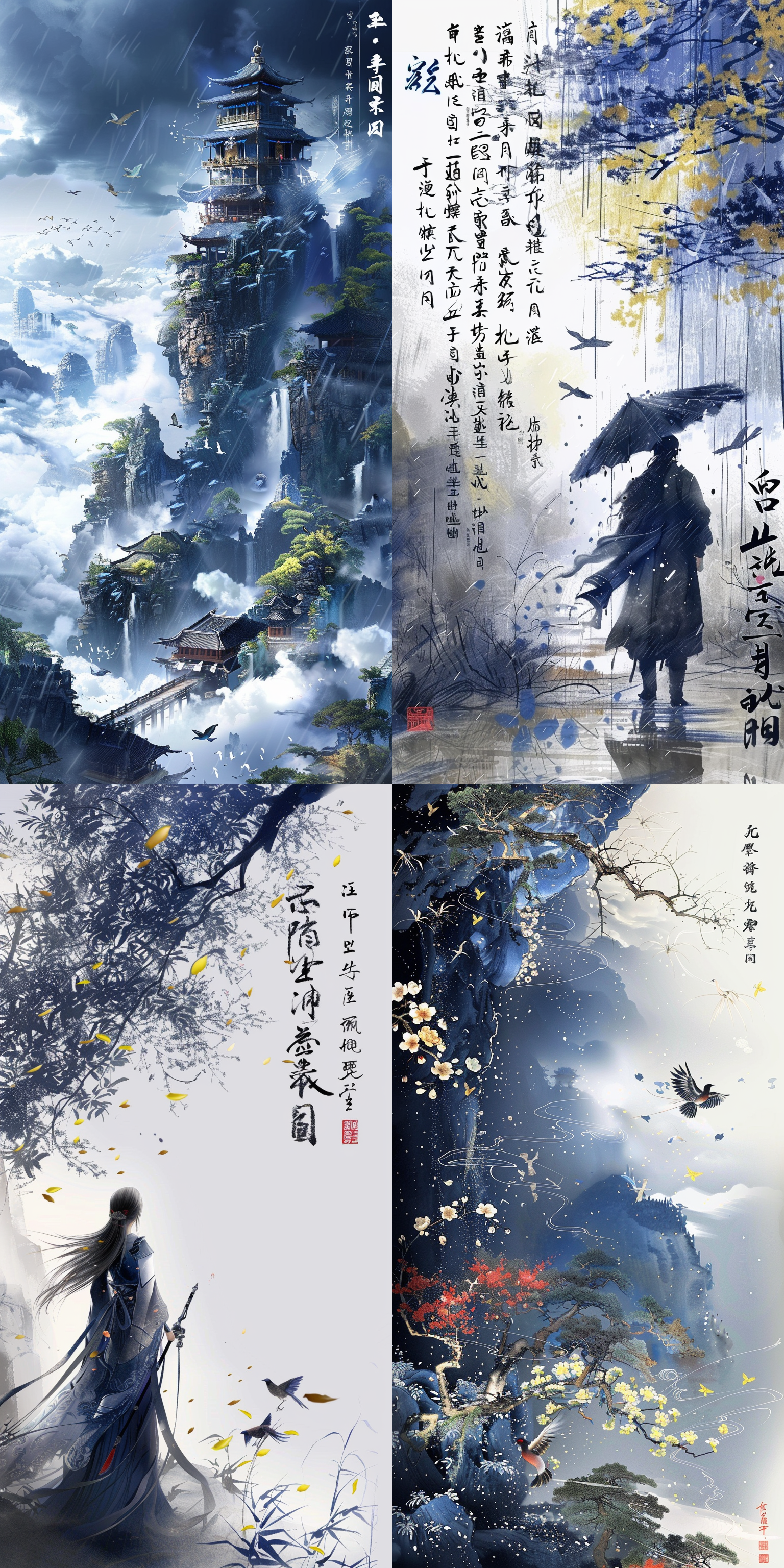 超现实奇幻世界，空间布满自上而下的书法国画的画布，歌舞吟咏。 低角度 全景 仰视视角 动画艺术 超现实主义 新艺术风格