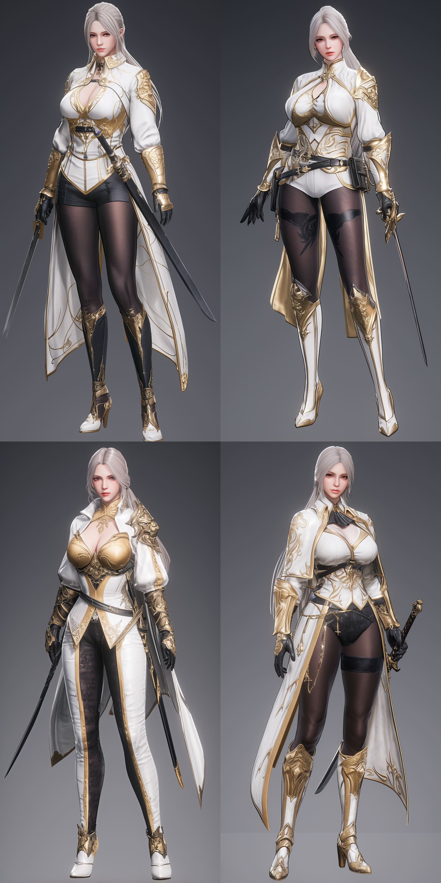 vampire，women，红色眼睛，白色头发，苍白的皮肤，剑，骑士盔甲，黑色丝袜，高跟鞋，哥特城堡内，奇幻，真实比例，阴暗的色调，邪恶的气质，6k 虚幻引擎 三维 oc渲染器