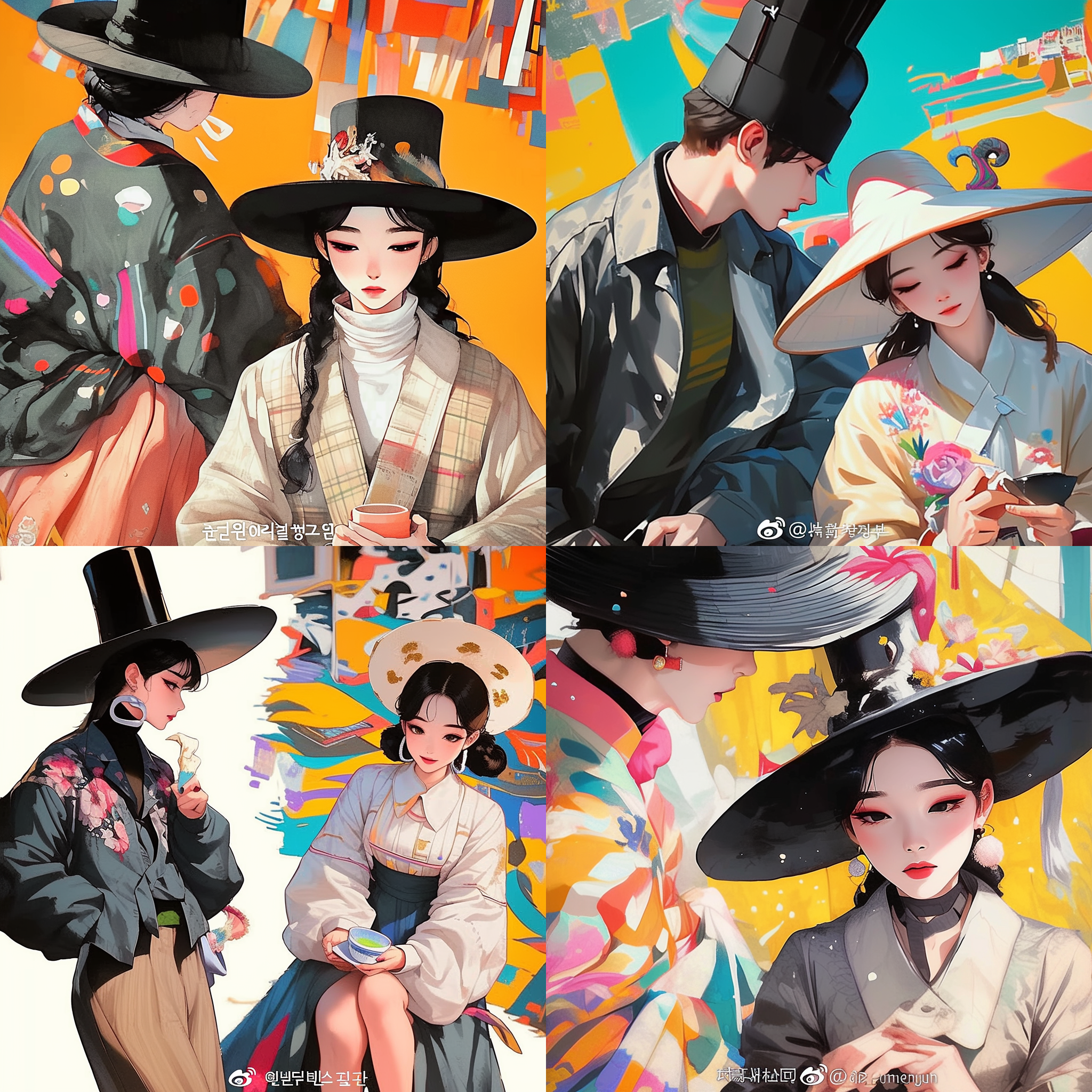 韩国服饰，国潮风，精致细节，漫画水彩，惊艳，色彩丰富，高清4k，两个人物，写实，完整的帽子