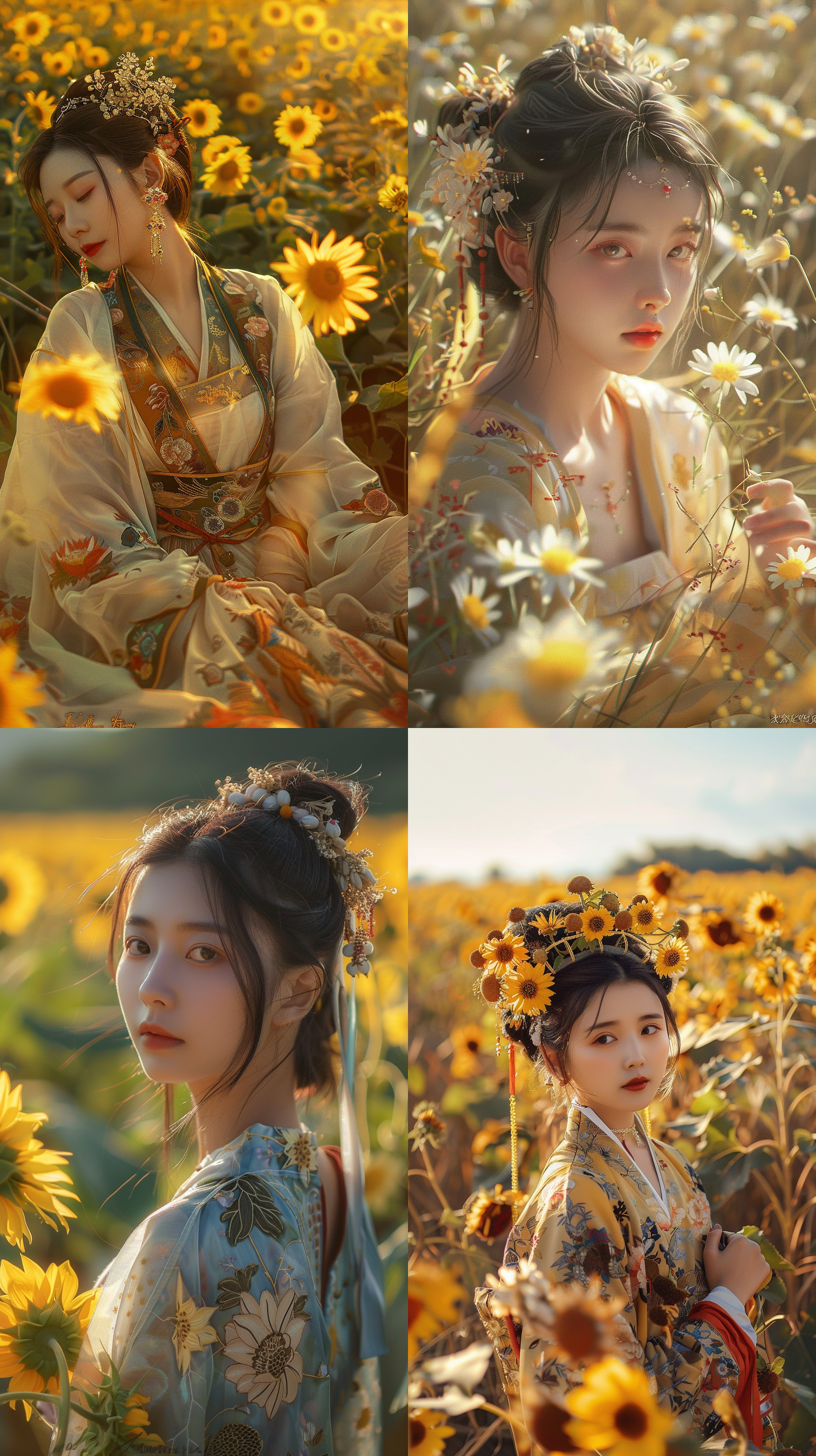 田园风光中的甜美女孩，中式服装，向日葵田，迷人微笑，清新自然，长焦镜头，金色阳光，柔和光线，自然姿态，温暖色调，快门捕捉，幸福感。 超现实主义