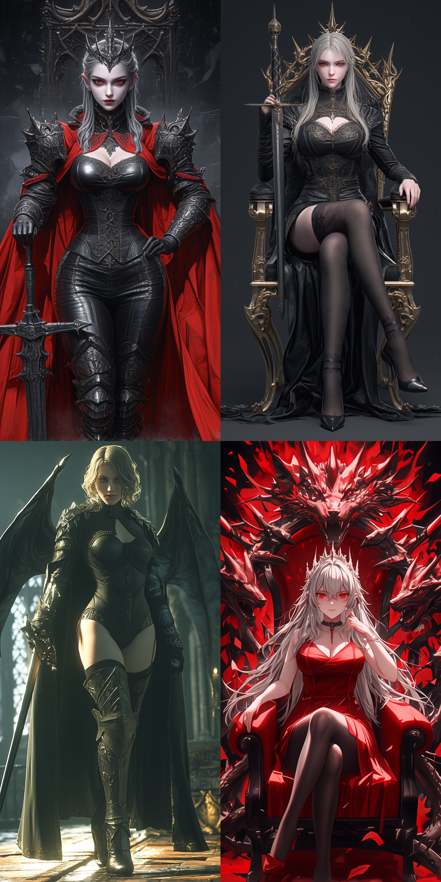 vampire，women，红色眼睛，白色头发，苍白的皮肤，细剑，盔甲，晚礼服，黑色丝袜，高跟鞋，哥特城堡内，奇幻，真实比例，6k 虚幻引擎 三维 oc渲染器