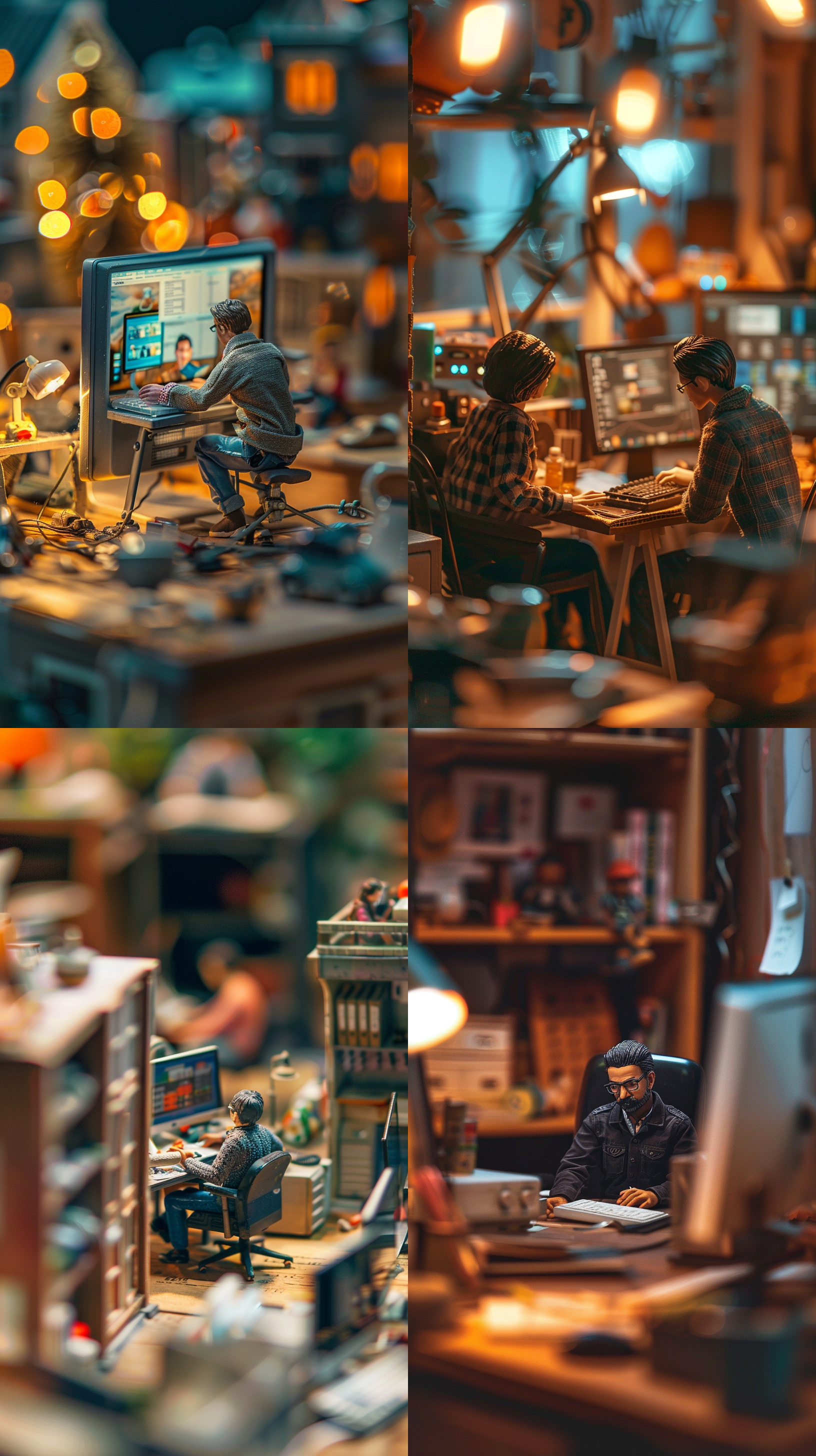 miniature photography, scene photography，close-up，people working in front of computer, advanced photography style, surreal style, high quality depth of field