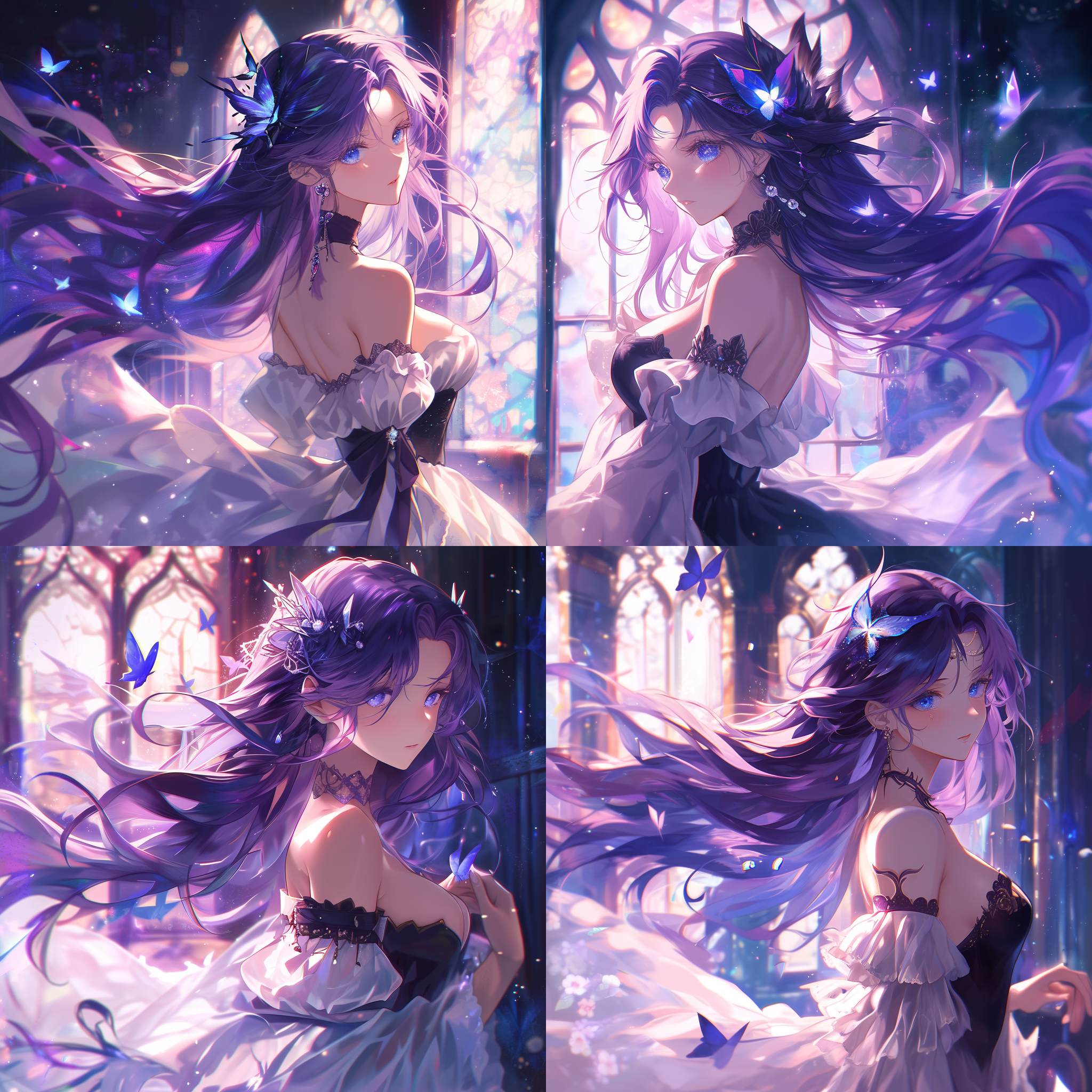 美少女，二次元绘画风格，穿着精致，微笑，白月光下，背景轻欧式，紫色和红色，柔光，侧光，梦幻，优雅。