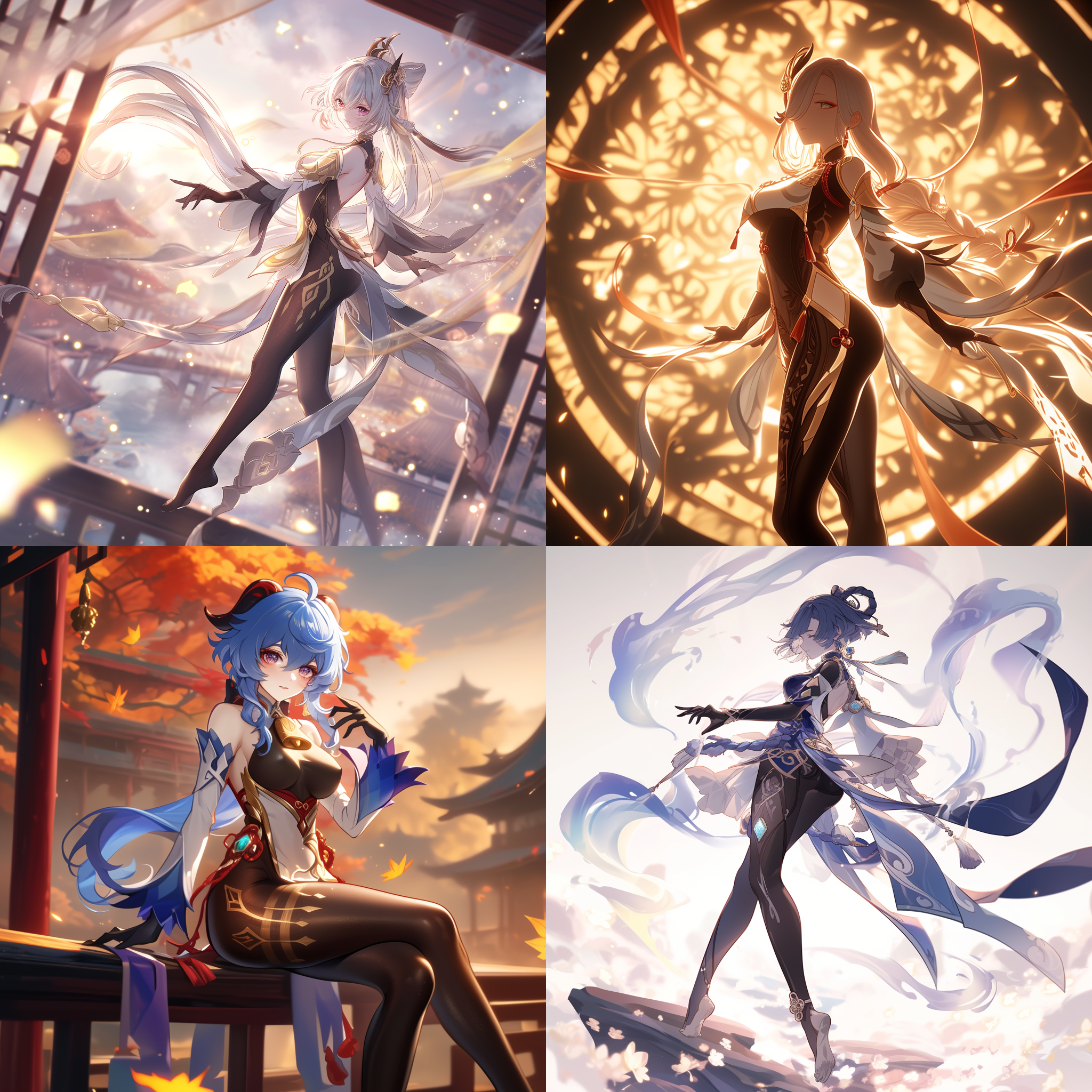 原神凌华，黑丝袜，优雅动作，独特服饰，古风背景，柔和光线，暗调，侧逆光，温暖色调，仙气，神秘。