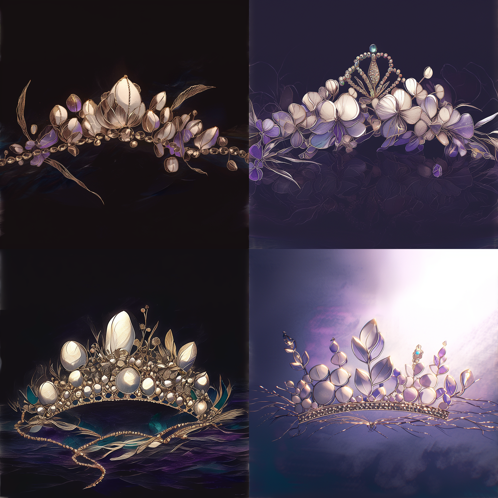 王冠照片，线稿转化，紫水晶花朵，绿宝石叶子，奢华珠宝，细节丰富，高清质感，自然光，微距镜头，静物摄影，冷暖色调交融，尊贵，神秘。