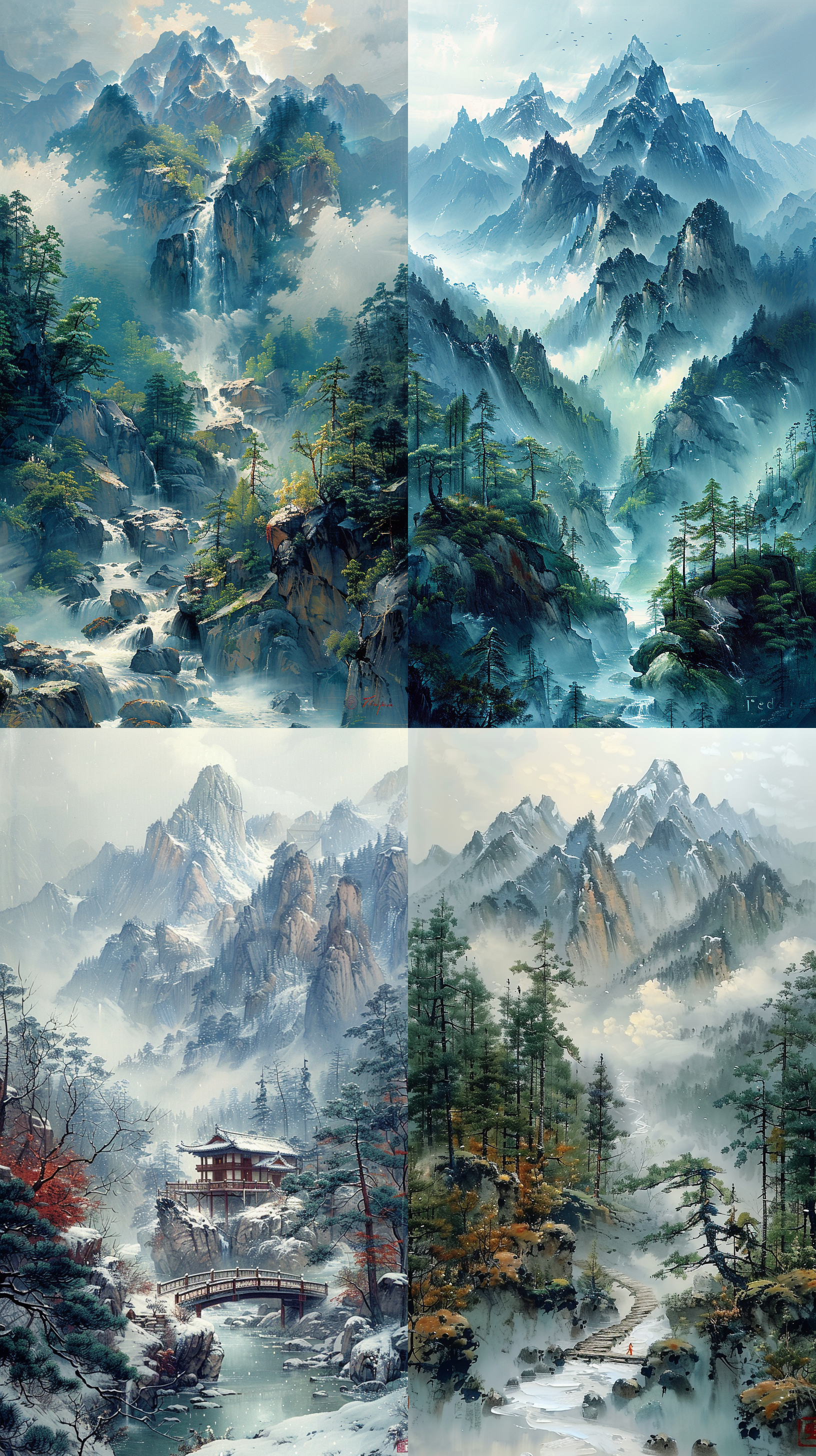 green landscape painting, works of rich color, dazzling, silk, color, brush li tang, mountains and trees with light wrinkle of ink, the whole work of the overlapping mountains, the distance is white snow cliff, the near is heavy color brilliant mountains, steep cliffs like a knife, the rugged plank road trees into shade to the screen above, covered with snow, reasonable composition, magnificent manner, proper white space, imitation qiu british, jiange diagram,