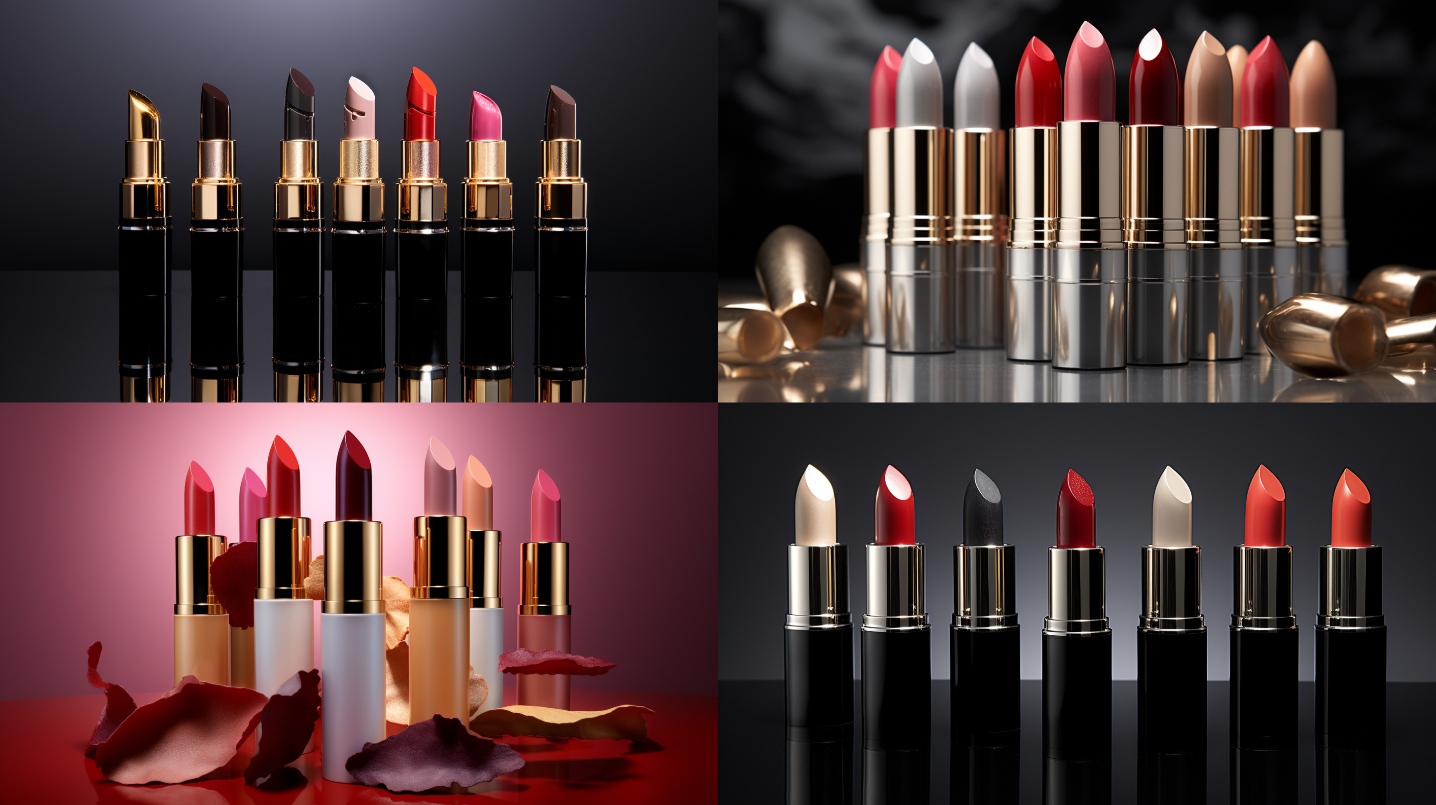 3d产品美颜拍摄，3d产品渲染，口红5种颜色，产品级灯光，周围有装饰品，，8k，高细节，最佳质量，超细节，超高清
