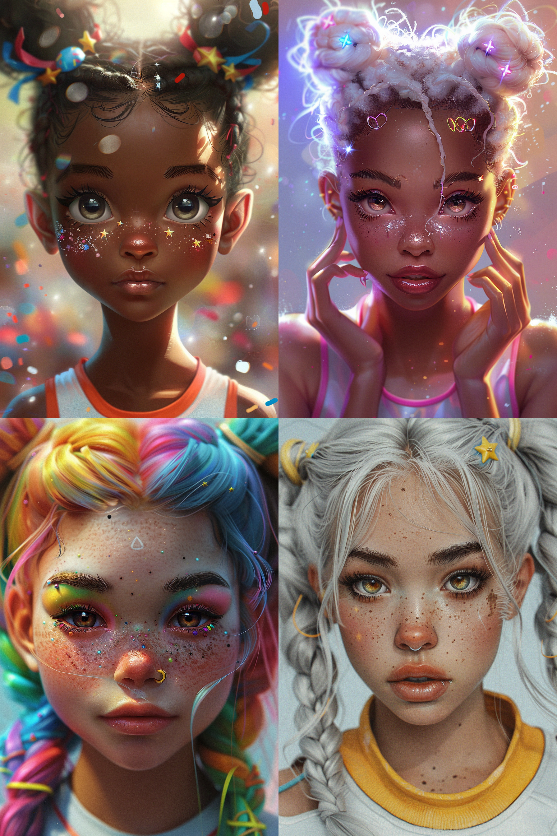 a girl with white skin and two ponytails and big fried dough twists braids respectively fell on two shoulders, leaking her forehead, bent eyebrows, big eyes, black eyes, bright stars on both sides of the corners of her eyes, colorful cute little hair clips on her head, wearing track and field athletes' sports clothes, comparing a big love with her fingers, and having a sweet smile. a close-up of her head above the waist and above the chest,,in clothes