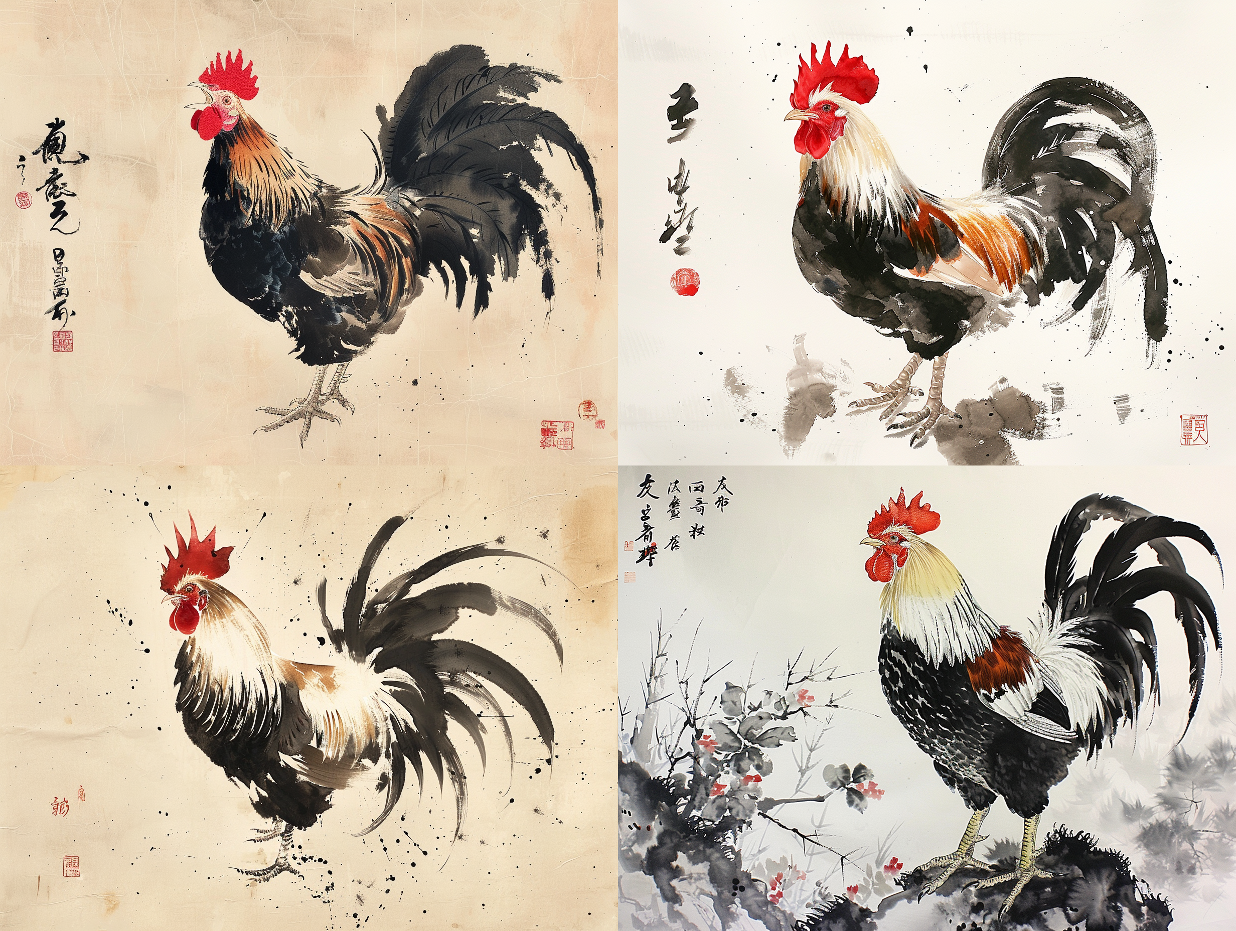 this chinese style freehand ink painting depicts a rooster crowing in the morning, with thick ink outlining its eyes and mouth, and the rooster's crown painted in eosin. there should be some differences in the size between strokes, and the arrangement should not be too neat. the feathers on the neck can be drawn with light ink to make them fluffy. be careful not to make the length too dense. the position of the back and wings can be simply outlined, paying attention to changes in ink intensity. for the abdomen, the ink should be diluted first and thick ink should be added to the tip of the pen. when depicting, more attention should be paid to the changes in ink color. when drawing the tail, you can use slightly thicker ink and pay attention to the interlacing relationship between the lines and some details. this is the work of qi baishi..