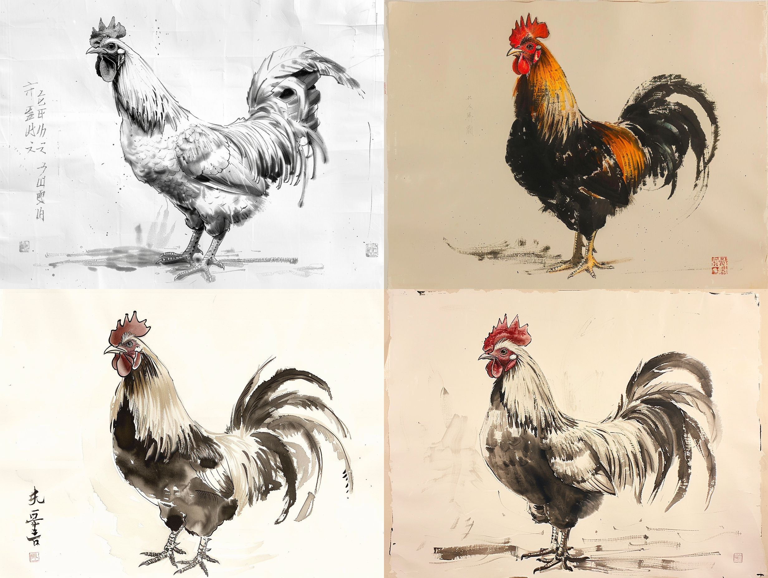 this chinese style freehand ink painting depicts a rooster crowing in the morning, with thick ink outlining its eyes and mouth, and the rooster's crown painted in eosin. there should be some differences in the size between strokes, and the arrangement should not be too neat. the feathers on the neck can be drawn with light ink to make them fluffy. be careful not to make the length too dense. the position of the back and wings can be simply outlined, paying attention to changes in ink intensity. for the abdomen, the ink should be diluted first and thick ink should be added to the tip of the pen. when depicting, more attention should be paid to the changes in ink color. when drawing the tail, you can use slightly thicker ink and pay attention to the interlacing relationship between the lines and some details. this is the work of qi baishi，