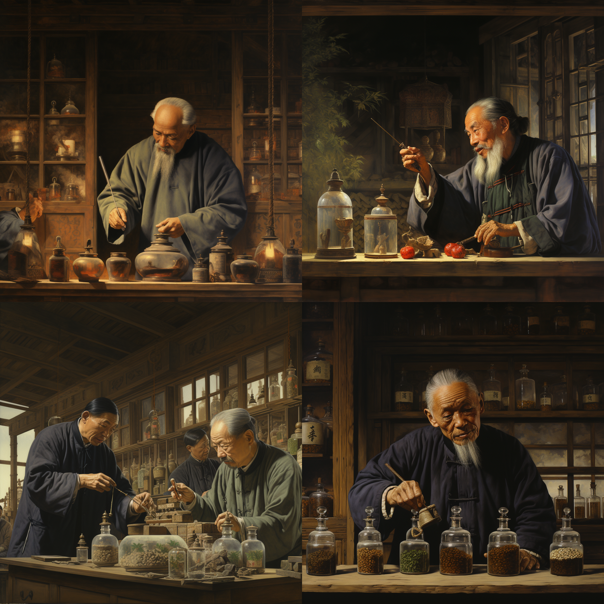 中医老店内，一位中年中医师手持古籍，指点江山。古朴书房，暖色调，柔和侧光，传统服饰，专注神情，古物装饰，沉稳。