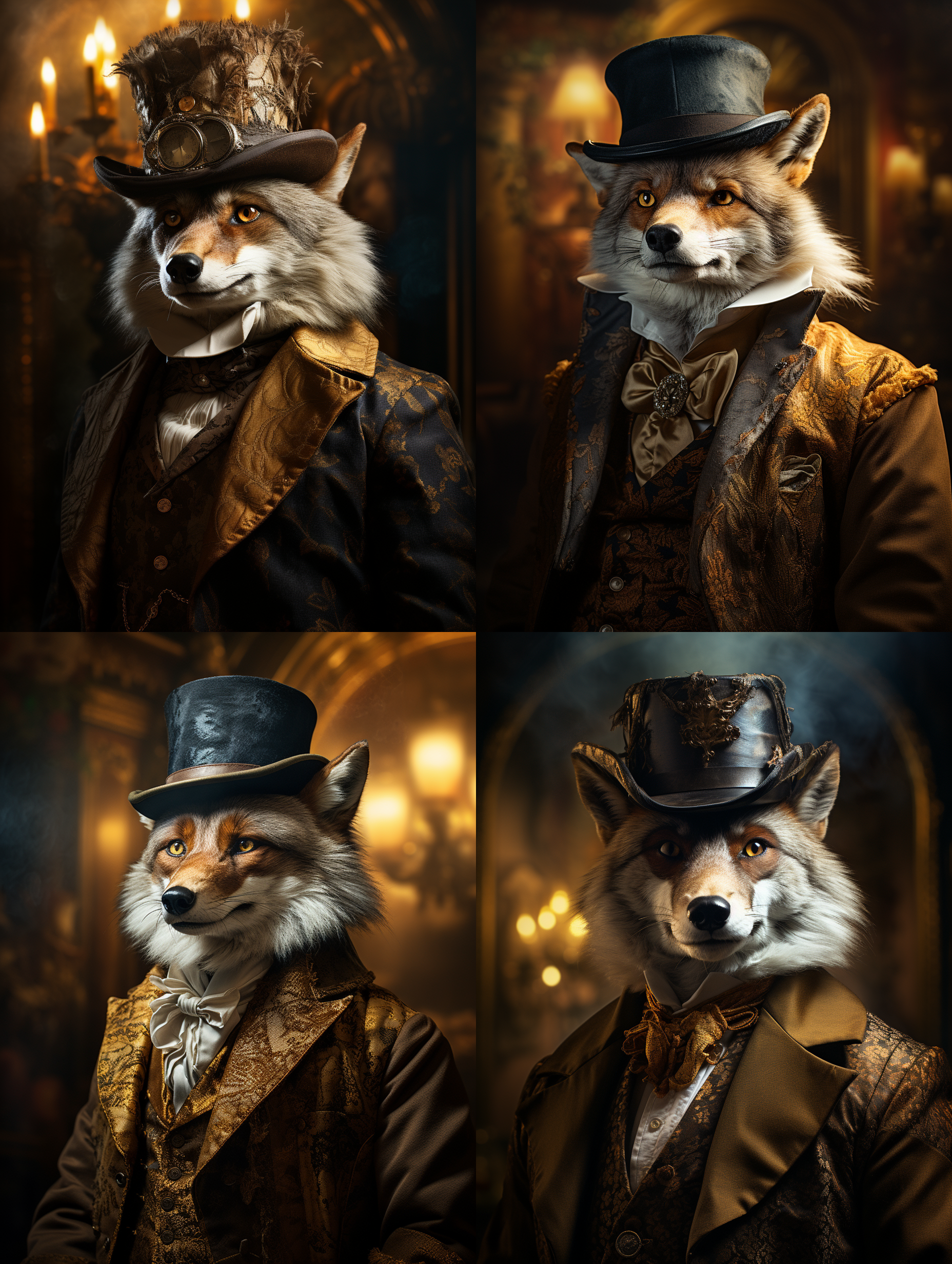 狼穿迪士尼风格西装礼帽，站在秋天背景中，气派，目光坚定。3d效果，对角线构图，中长焦镜头，自然光，优雅动作，丰富色彩，自信，绅士, mj5.2, 快速.