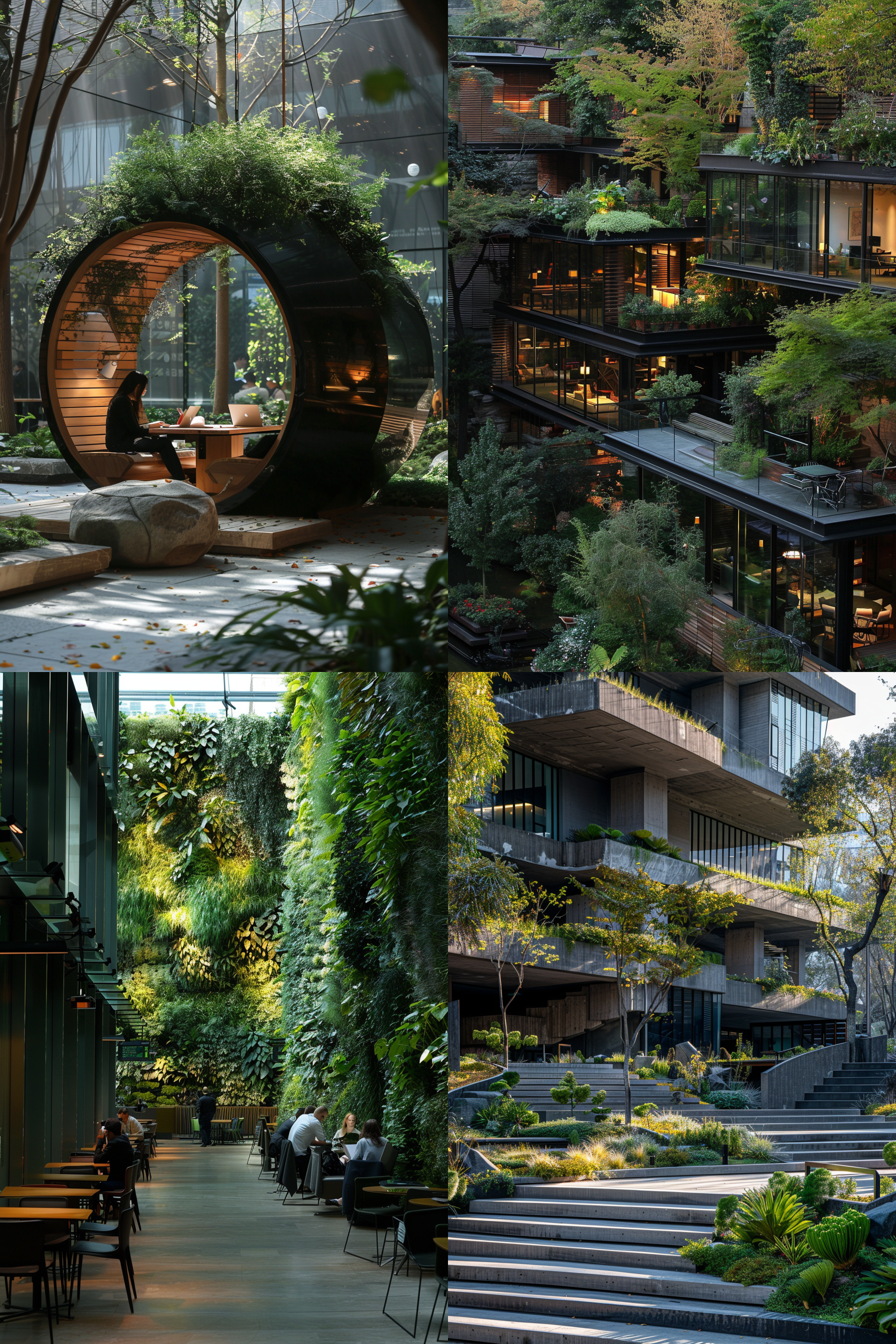 商业广场空间，安藤忠雄设计风格，自然花园办公环境，人物在花园中交谈，自由流动设计语言，皮特·奥多夫的植物风格，hassou x2d100c 100mpibis pdaf f/2相机，f/5.6光圈，iso 400，渲染效果。