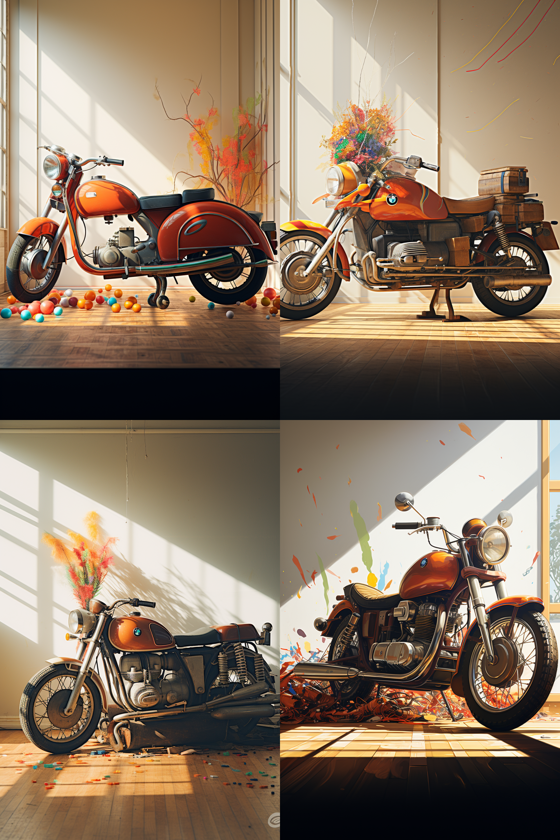 美丽光影，机车上绑着上百个气球，五颜六色，两点透视，简洁干净，空旷明亮，corona渲染，3:4纵横比，100风格化