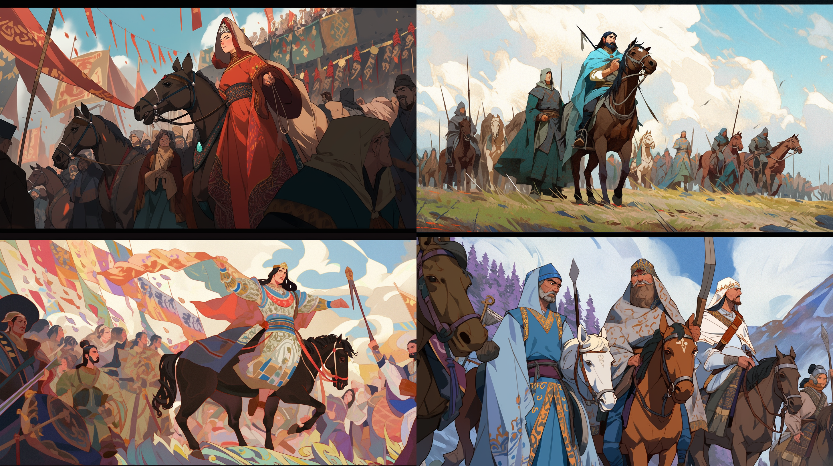 骑士挥舞巨剑,人驯&丸山応挙风格,政治漫画风格,哈萨克女皇,历史档案,genzoman和gary gygax,从左侧,马车与马,肩膀以上拍摄,手稿,现代服装,明亮色彩,骑士情绪激动。