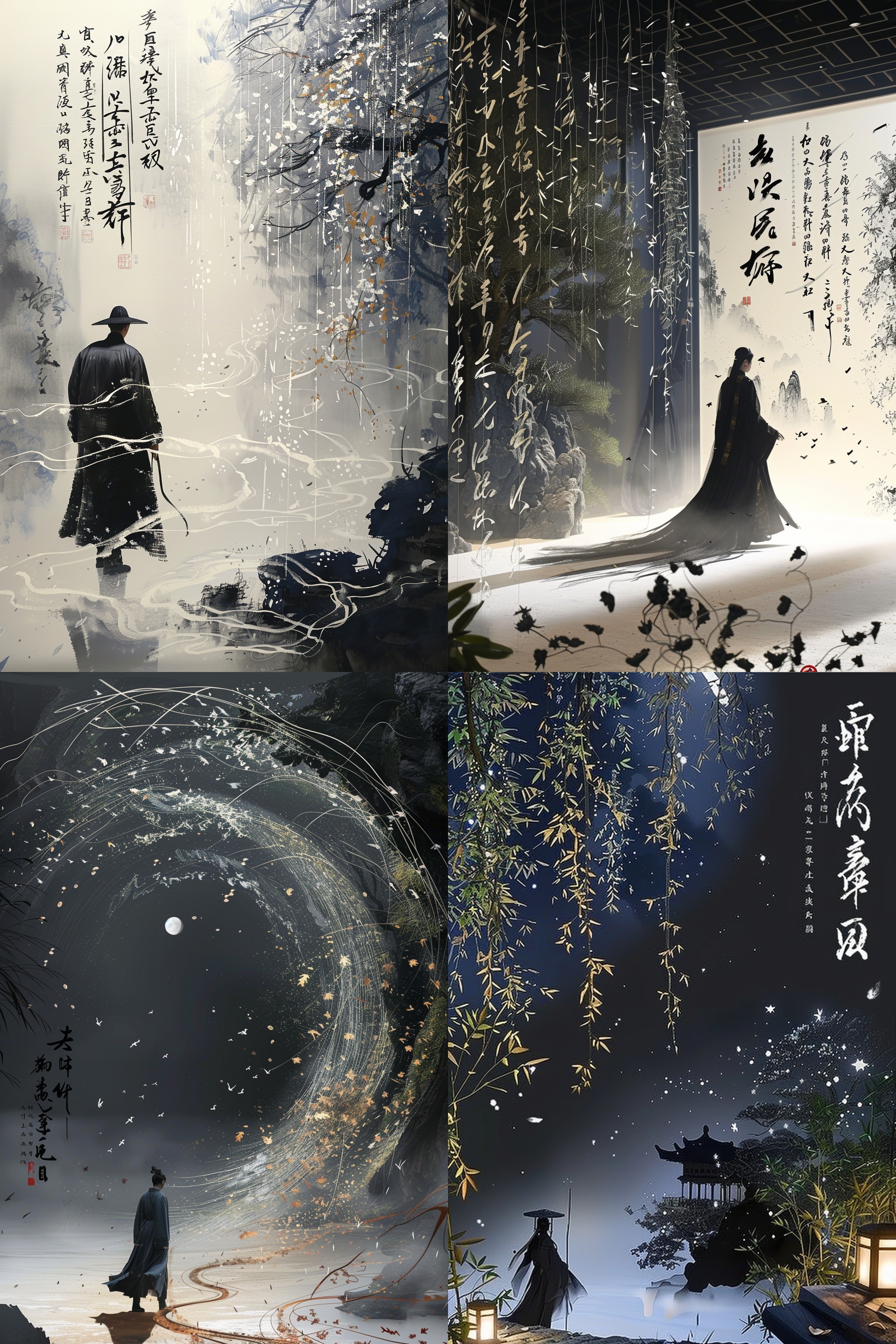 空间布满自上而下的书法和国画，人物行走在其中。 中国水墨 动画艺术 低角度