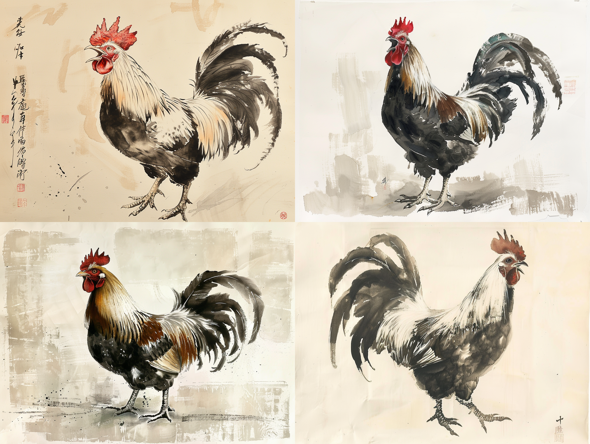 this chinese style freehand ink painting depicts a rooster crowing in the early morning, with an extraordinary momentum. the thick ink outlines its eyes and mouth, and the rooster's crown is painted in eosin. there should be some differences in the size between strokes, and the arrangement should not be too neat. the feathers on the neck can be drawn with light ink to make them fluffy. be careful not to make the length too dense. the position of the back and wings can be simply outlined, paying attention to changes in ink intensity. for the abdomen, the ink should be diluted first and thick ink should be added to the tip of the pen. when depicting, more attention should be paid to the changes in ink color. when drawing the tail, you can use slightly thicker ink and pay attention to the interlacing relationship between the lines and some details. this is the work of qi baishi,