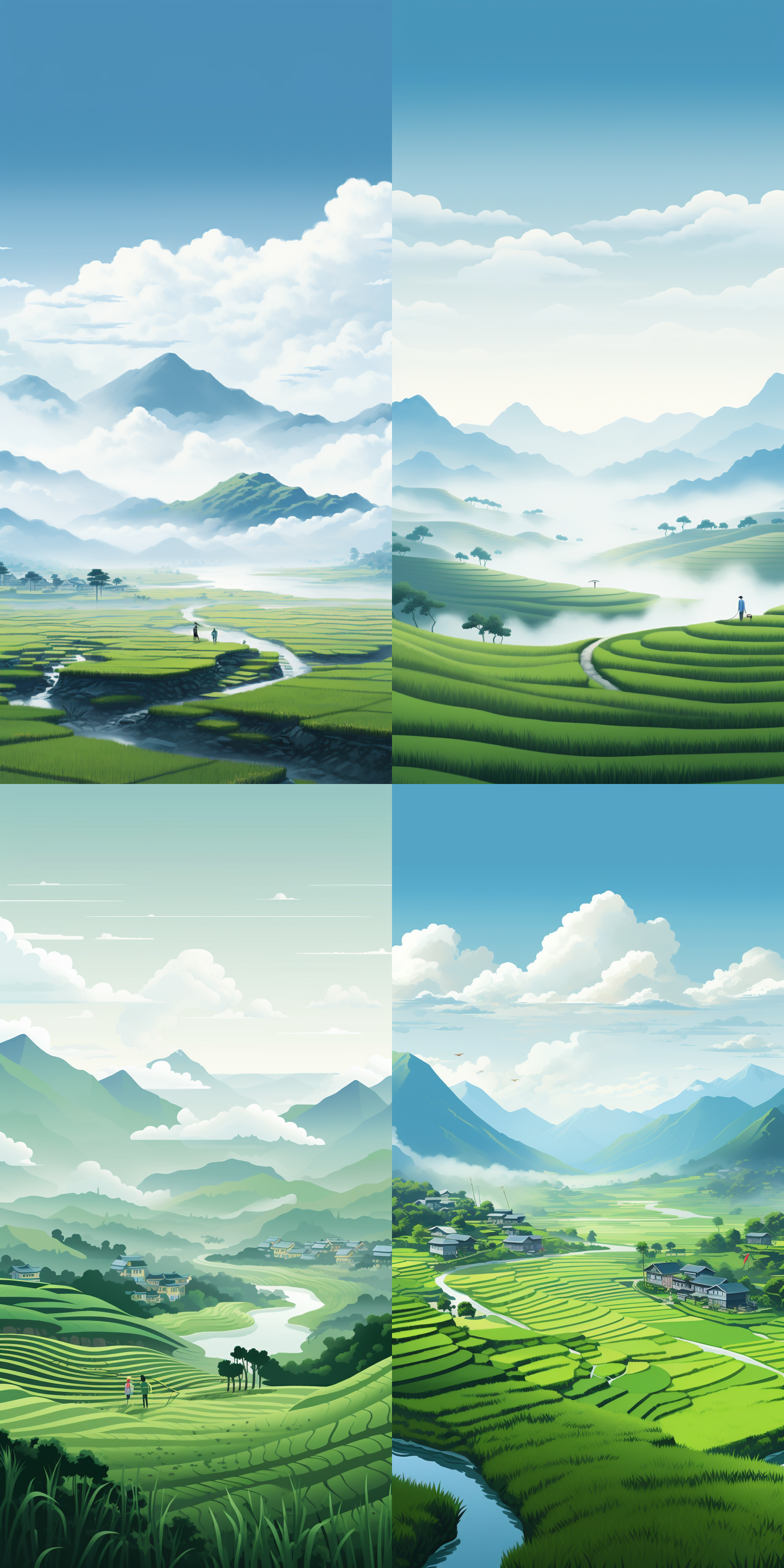 商业插画，新中式，国潮插画，简约，中国村庄，稻田，蓝天白云，青山，云雾 超扁平 极简主义