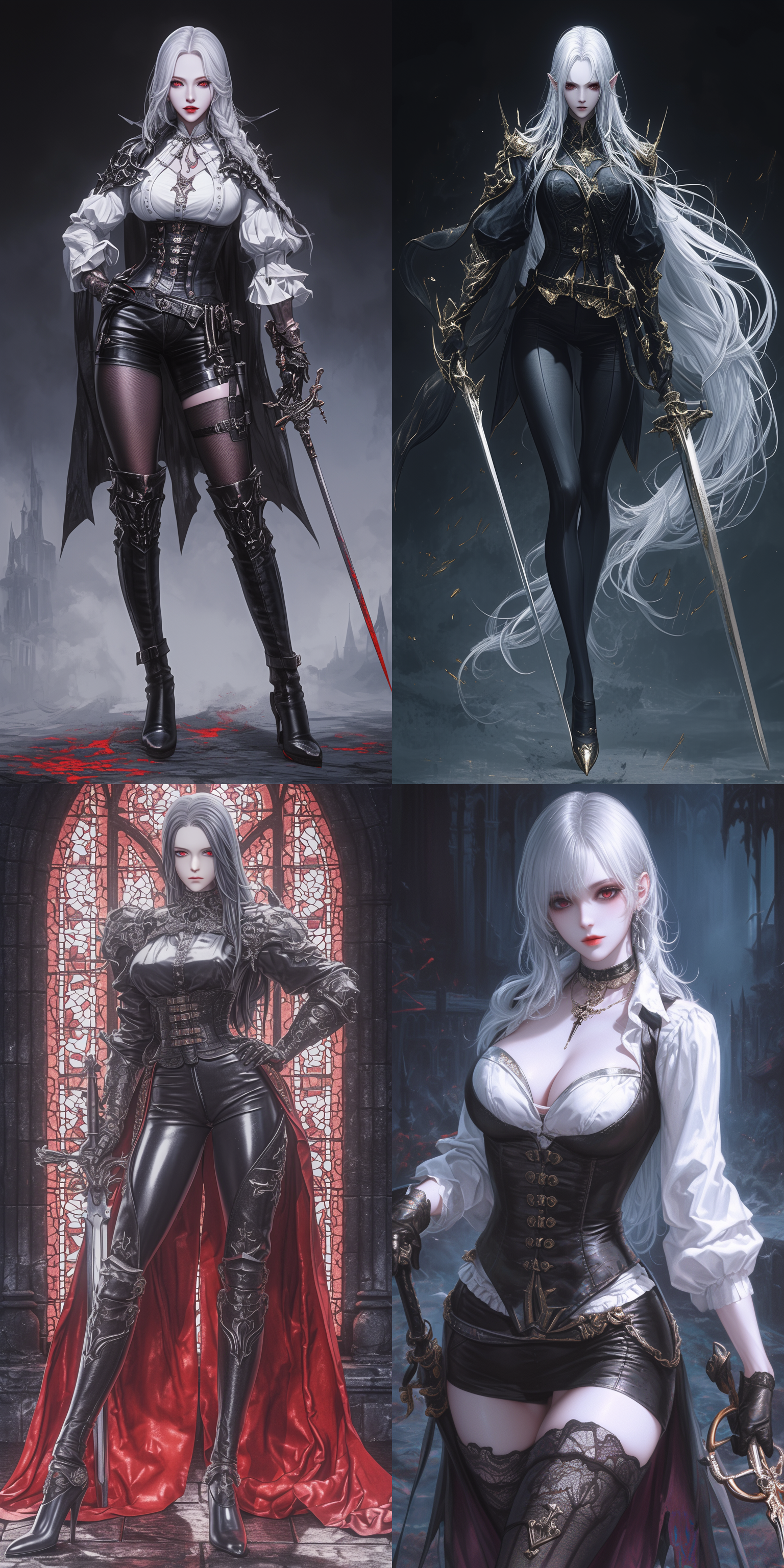 vampire，women，红色眼睛，白色头发，苍白的皮肤，剑，骑士盔甲，黑色丝袜，高跟鞋，哥特城堡内，奇幻，真实比例，阴暗的色调，邪恶的气质，6k 虚幻引擎 三维 oc渲染器