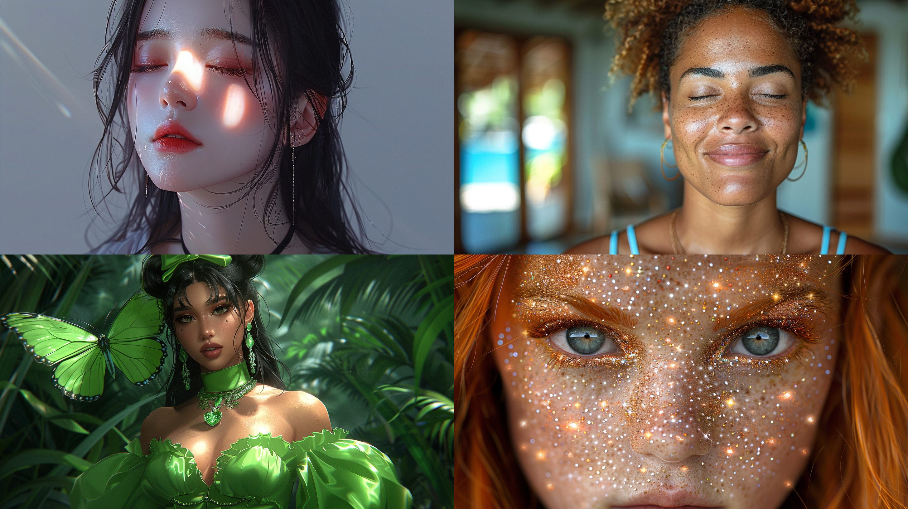 1girl,solo,jewelry,earrings,portrait,eyelashes,closed eyes,dappled sunlight,closed mouth,makeup,lips,eyeshadow,