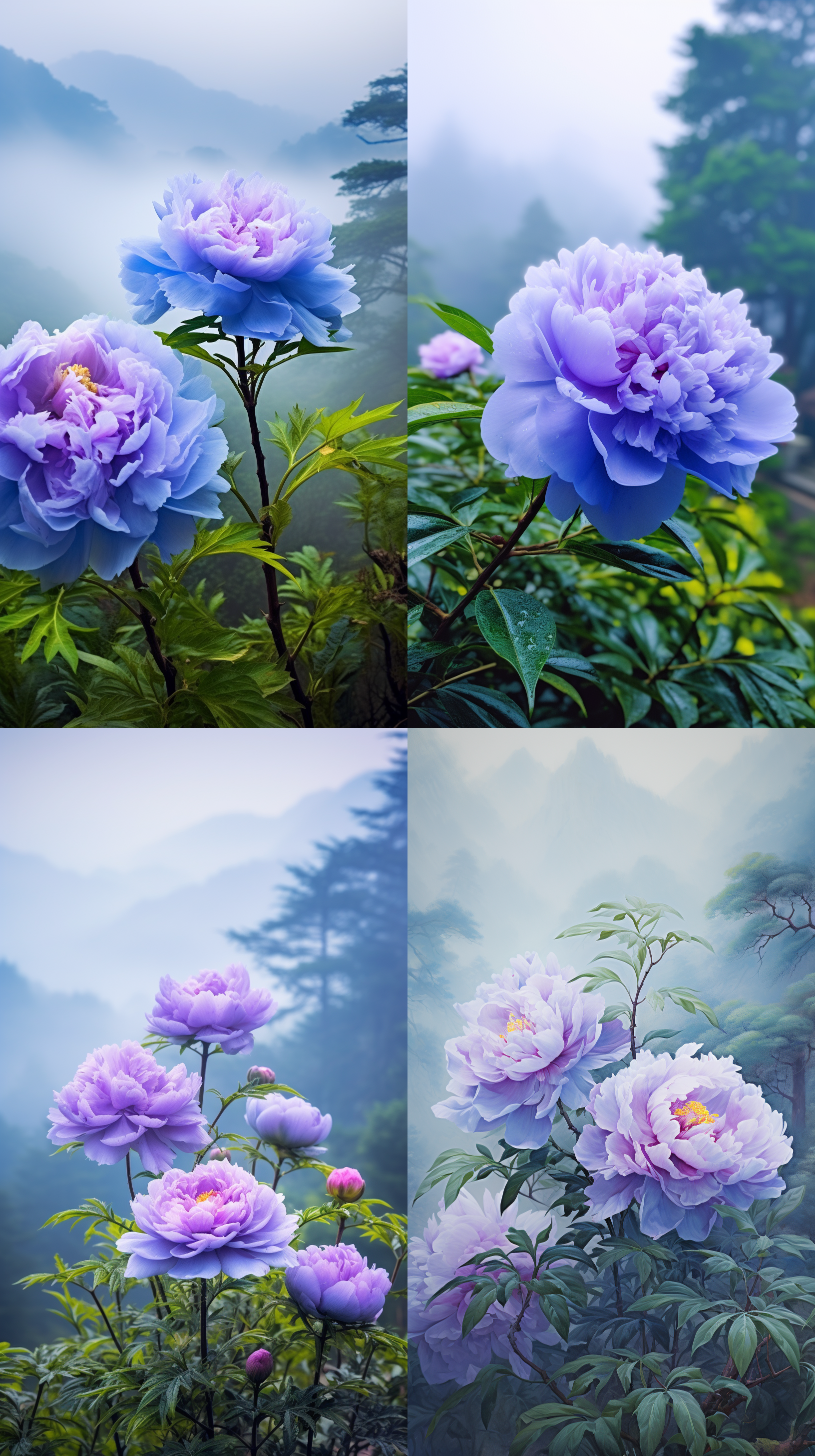 乌当山谷的一朵绽放着的牡丹花，在薄雾中若隐若现。紫色花瓣与绿叶相映，背景是雾气蒙蒙的树木和远处的山峦，构成美丽画面。蓝牡丹，多彩花朵，花瓣表面的露珠，花园环境，孔雀栖息在蓝色和紫色牡丹中，写实风格，高清摄影，广角镜头，自然光，生动色彩，盛开的花朵。高分辨率。鸟瞰角度。