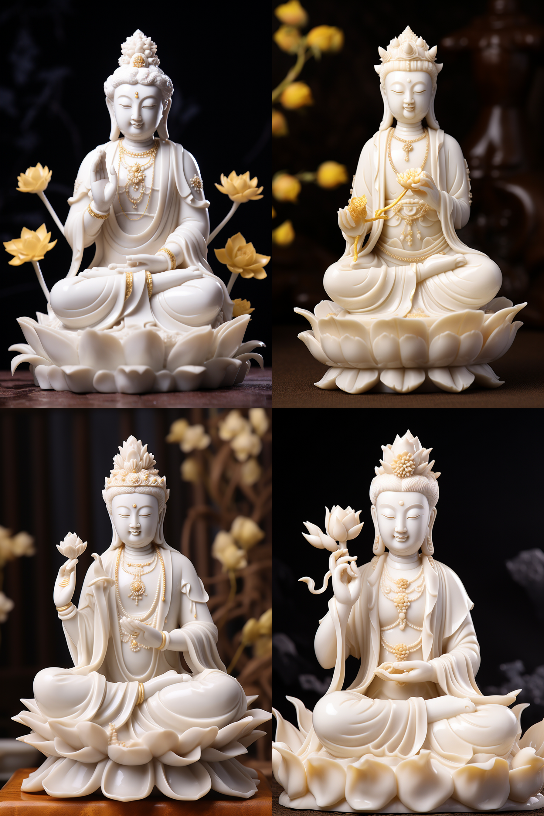guanyin stone carving, meticulous carving, lotus base, white marble material, delicate white, gold embellishment, simple style, solemn demeanor, closed eyes meditation, fine texture, full body photo, front lens, up shot angle, buddhist culture golden background, soft side light, static, solemn, holy, quiet.
