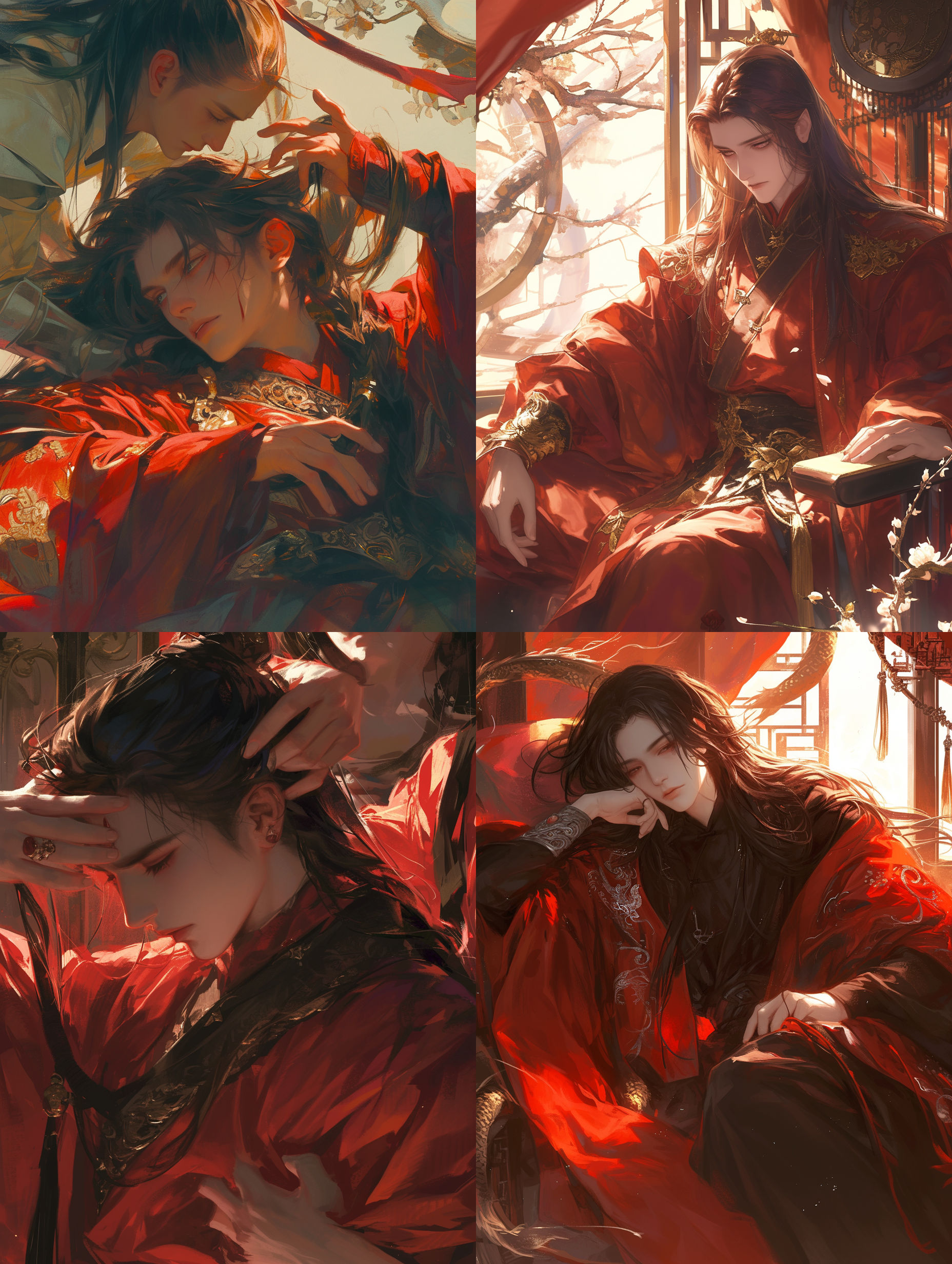 thick acrylic illustrations on pixiv，中国古代年轻男性，年轻面容，古代红色衣袍，长头发，红色长发，绿色眼睛，现代室内背景，白天背景，面无表情，高冷，白皙皮肤，高分辨率，绝美光影，鲜艳色彩,长焦镜头，宁静