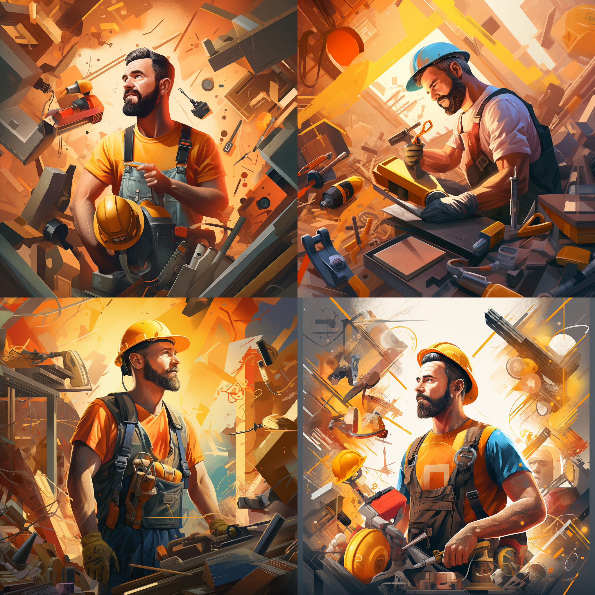 工人手举工具，扁平插画，明亮背景，黄橙色调，高饱和度，正面构图，细节清晰，工具多样，肌理明显，滤镜效果，自然光，自信表情，劳动氛围。