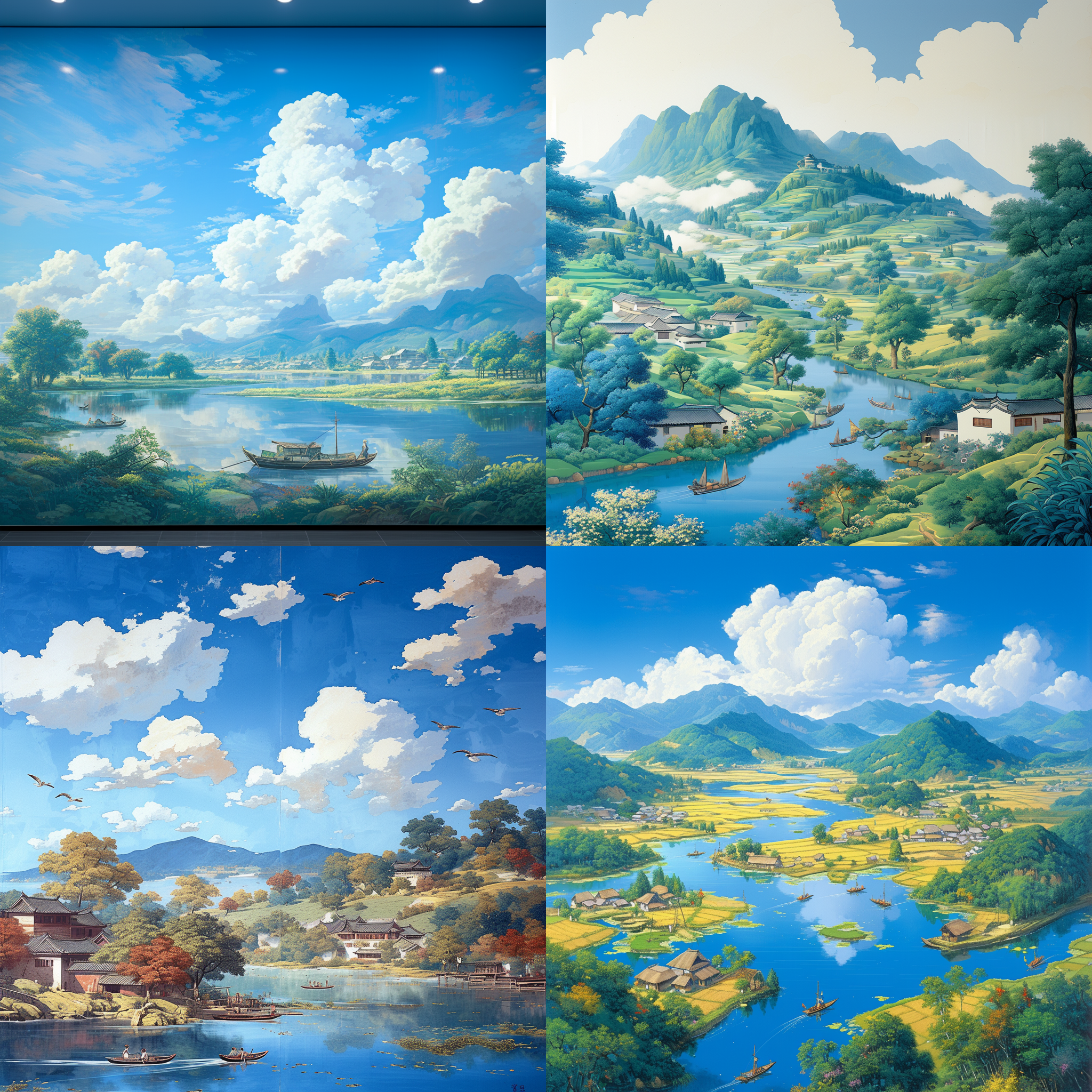 乡村振兴文化墙墙绘，山水画，蓝天白云，长江中划着渔船。绘有江水奔流，山峦起伏，村庄安详。墙绘色彩鲜艳，栩栩如生，展现乡村美景与丰收场景。用广角镜头拍摄，突出墙绘细节和广阔背景。以自然光照射，呈现明亮与清晰的画面。