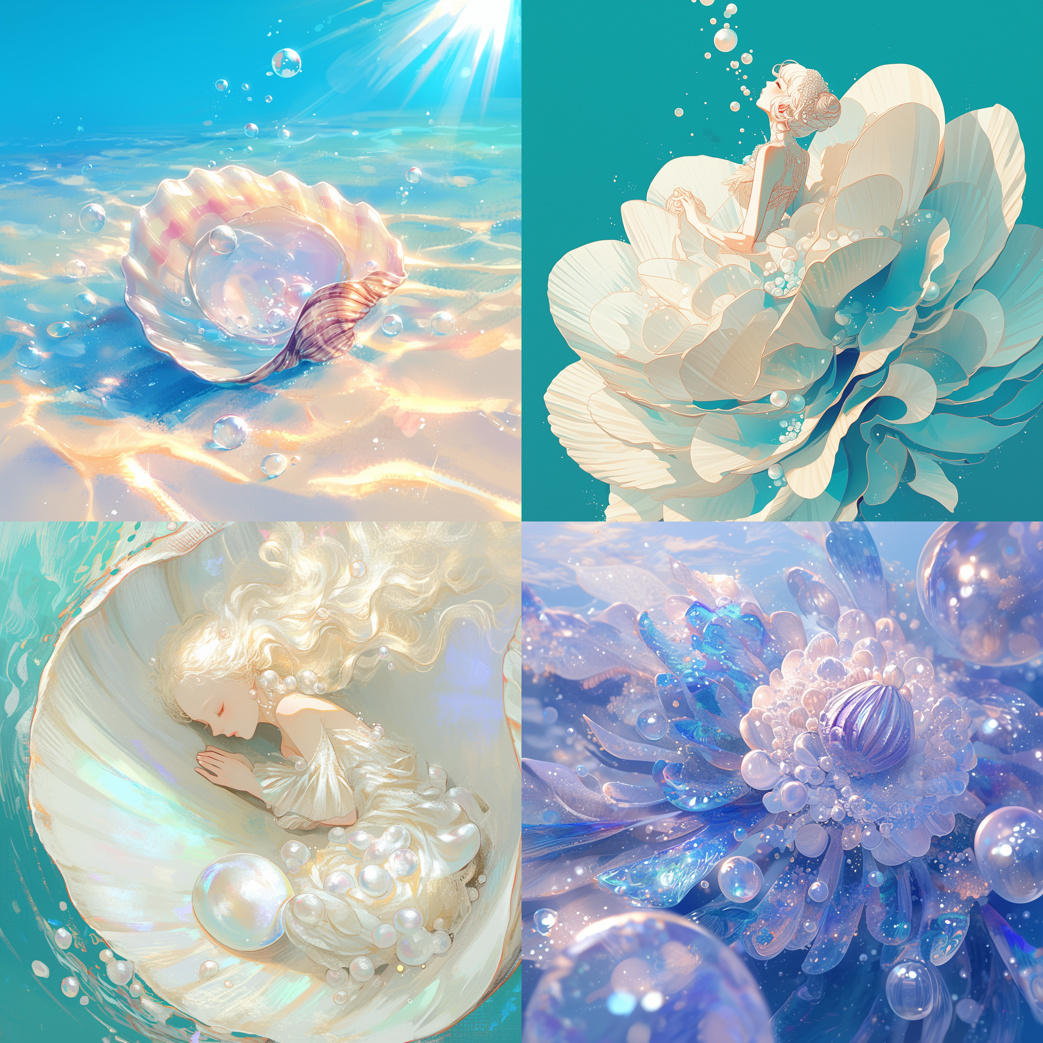 生蚝ip设计，奢华海底主题，闪光灯效果，透视构图，珍珠贝壳元素，柔和色调，水下摄影，潜水服装，微笑表情，夺目。