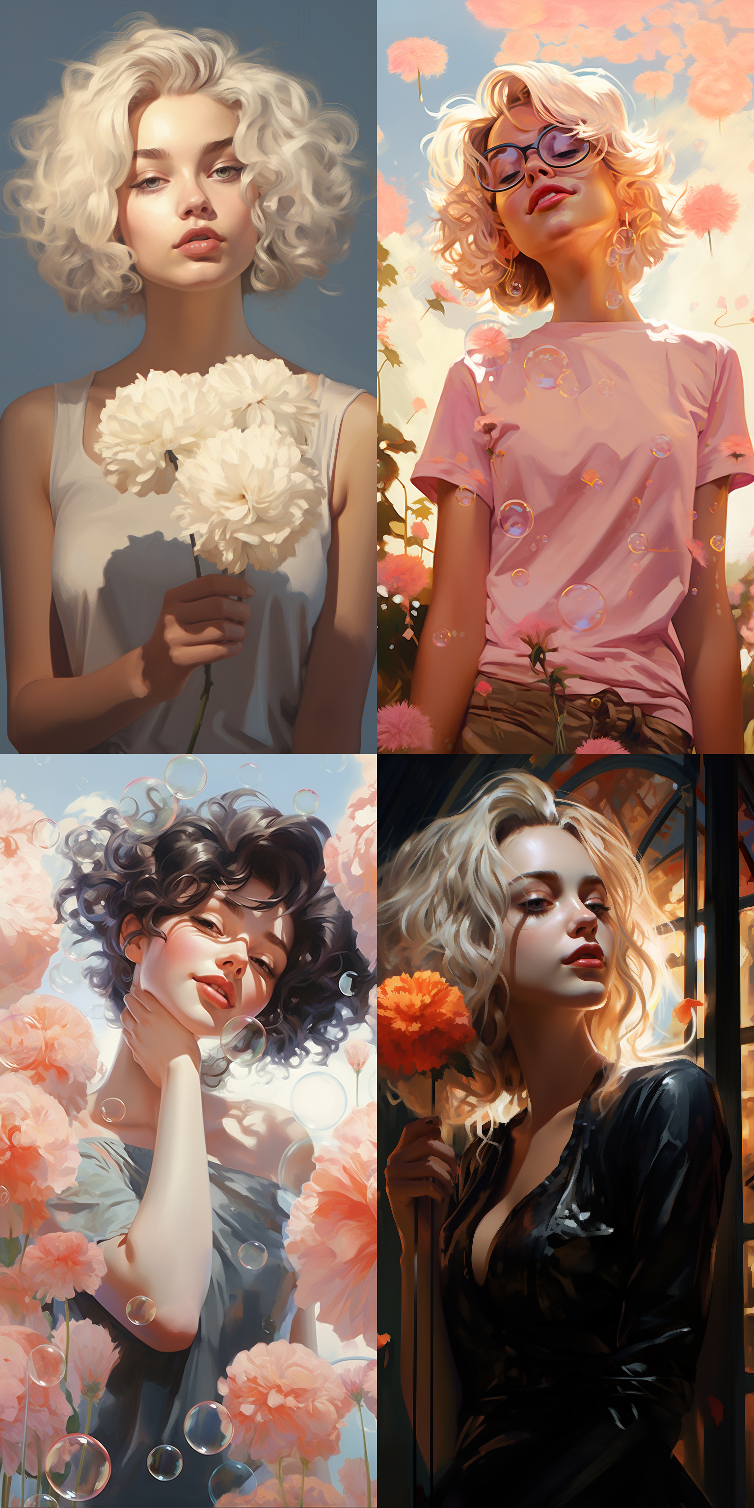 可爱女孩手持棒棒糖，鲜花环绕，漫画速写风格，干净米黄色背景。柔和侧光，笑容灿烂，欢愉。